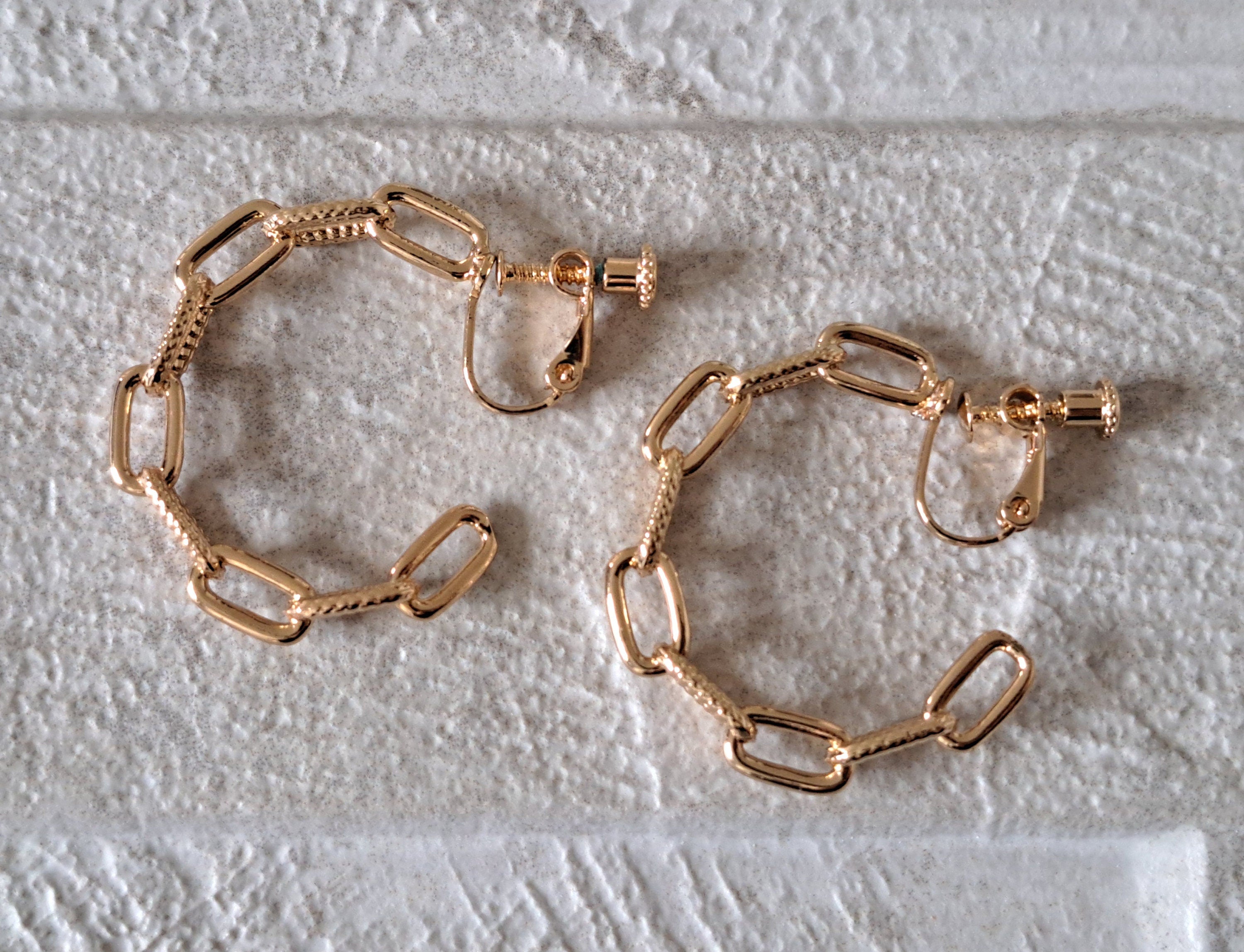 Large Gold Textured Link Chain Clip-On Hoop Earrings