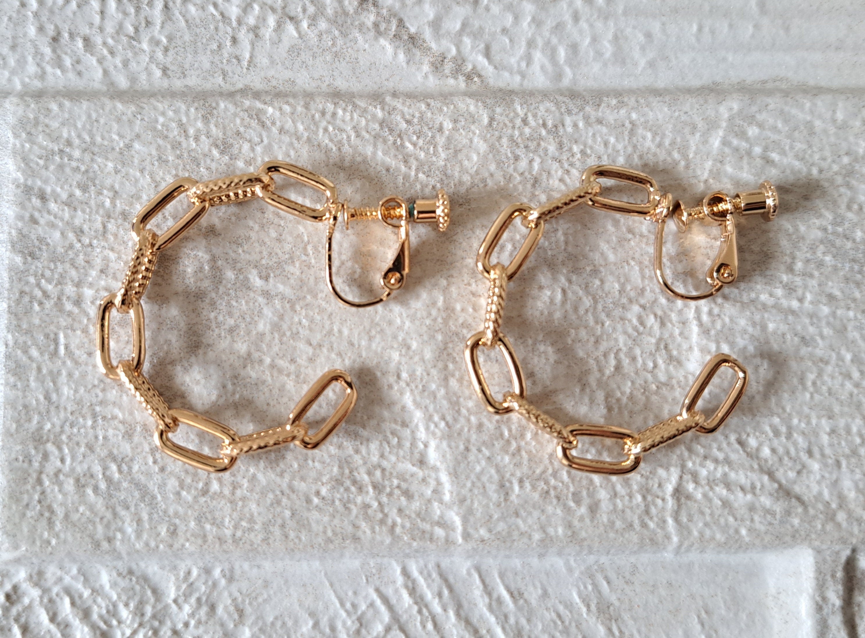 Large Gold Textured Link Chain Clip-On Hoop Earrings