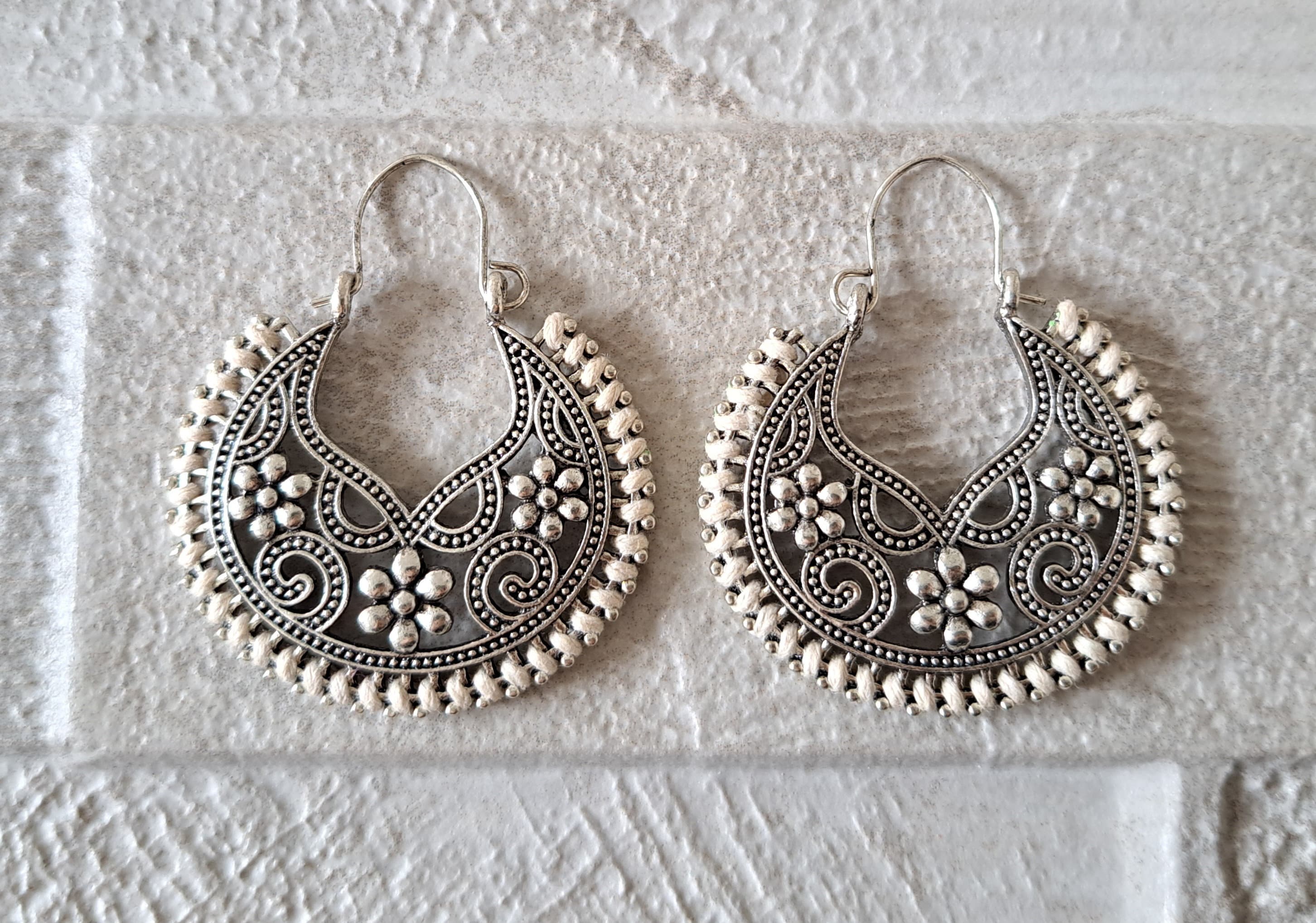 Round Silver Off-White Rope Bohemian Flower Cut-Out Hoops