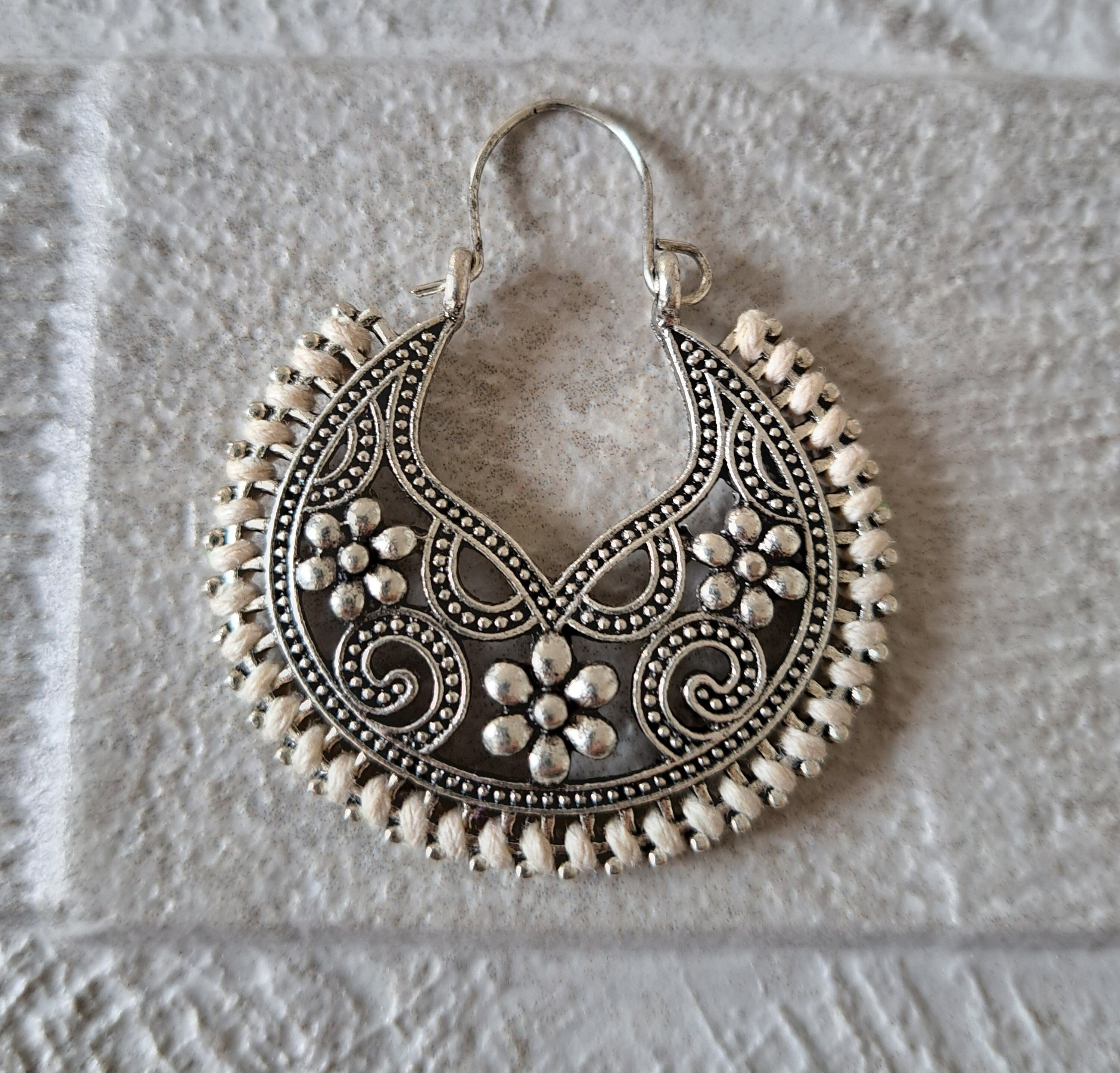 Round Silver Off-White Rope Bohemian Flower Cut-Out Hoops