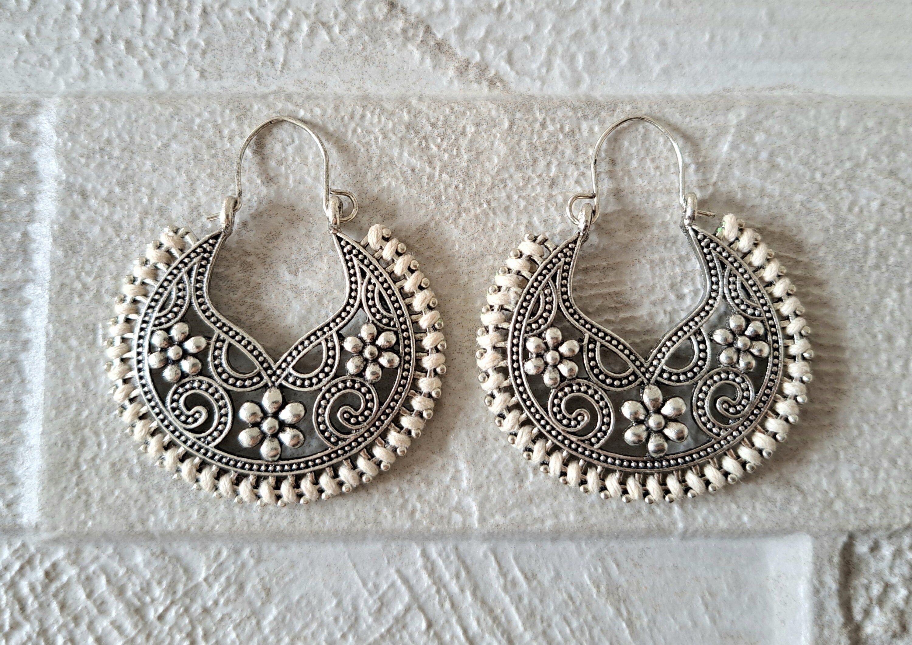 Round Silver Off-White Rope Bohemian Flower Cut-Out Hoops