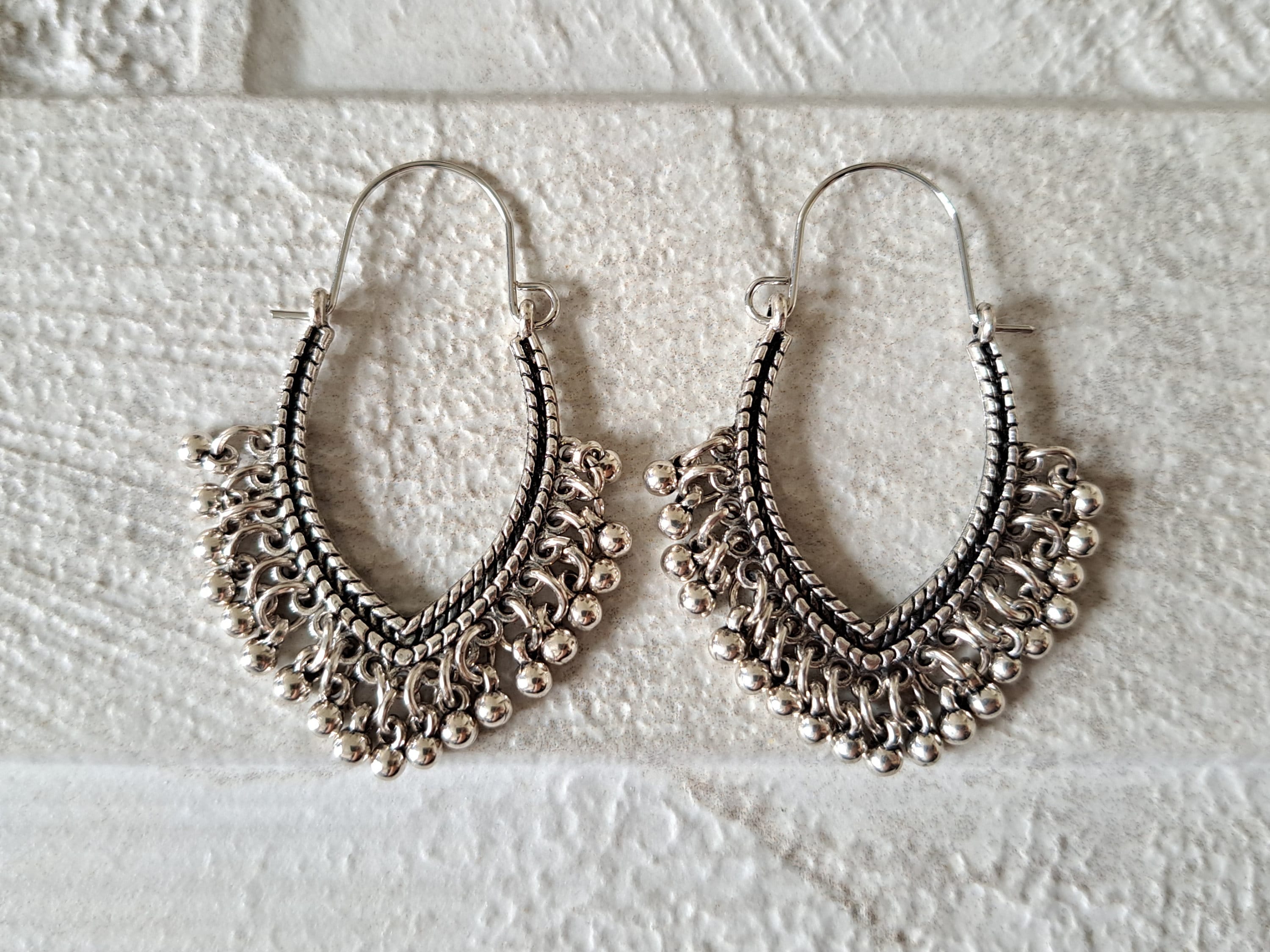 Silver Large Bohemian Ball Hoop Earrings