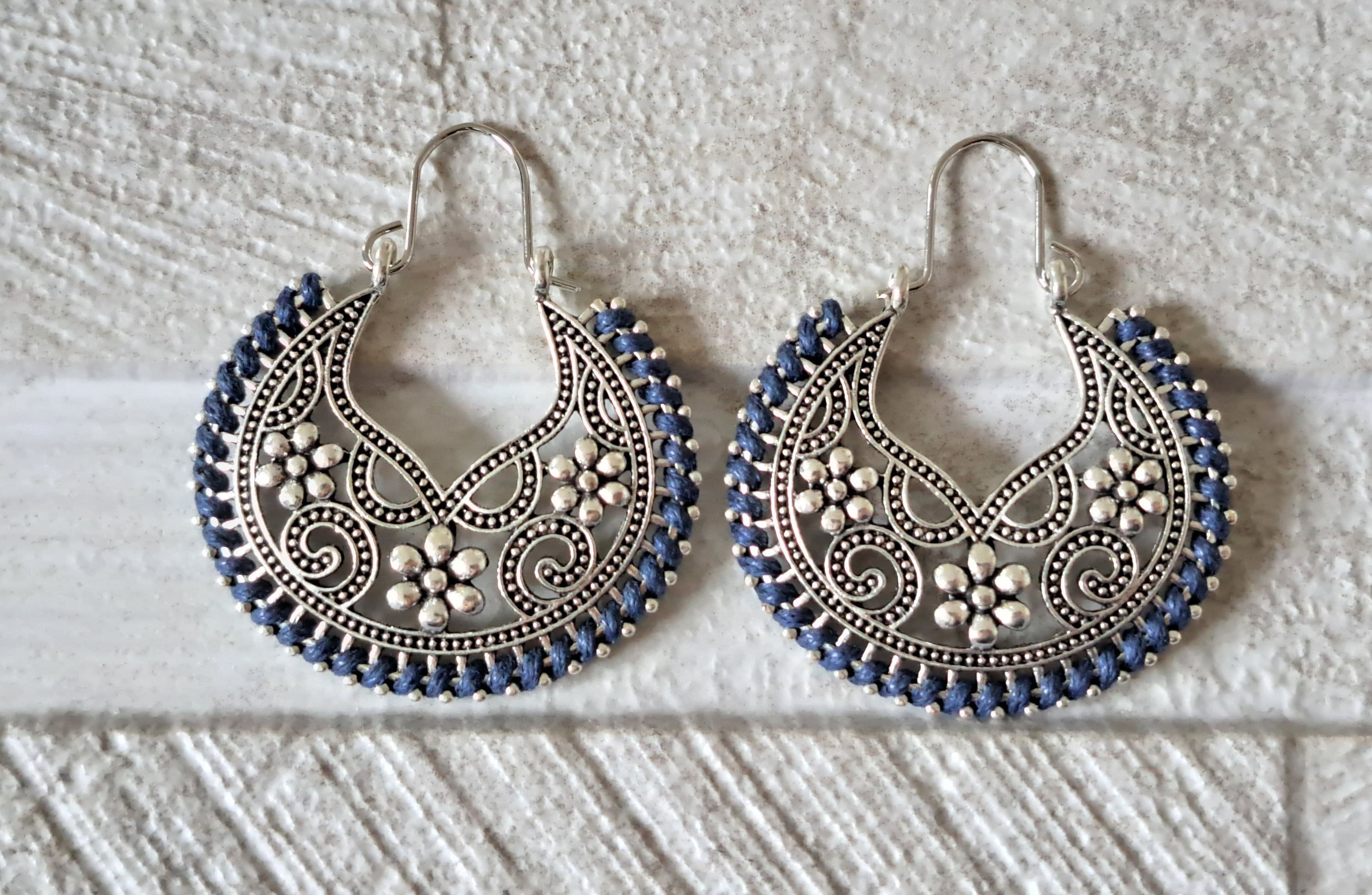 Silver Navy Blue Rope Cut-Out Round Hoop Earrings