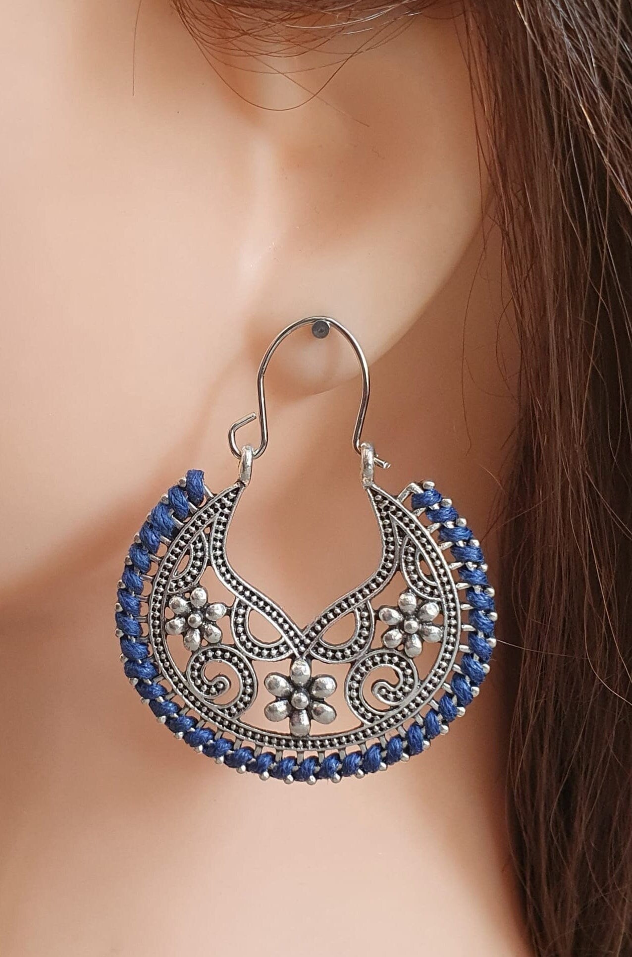 Silver Navy Blue Rope Cut-Out Round Hoop Earrings