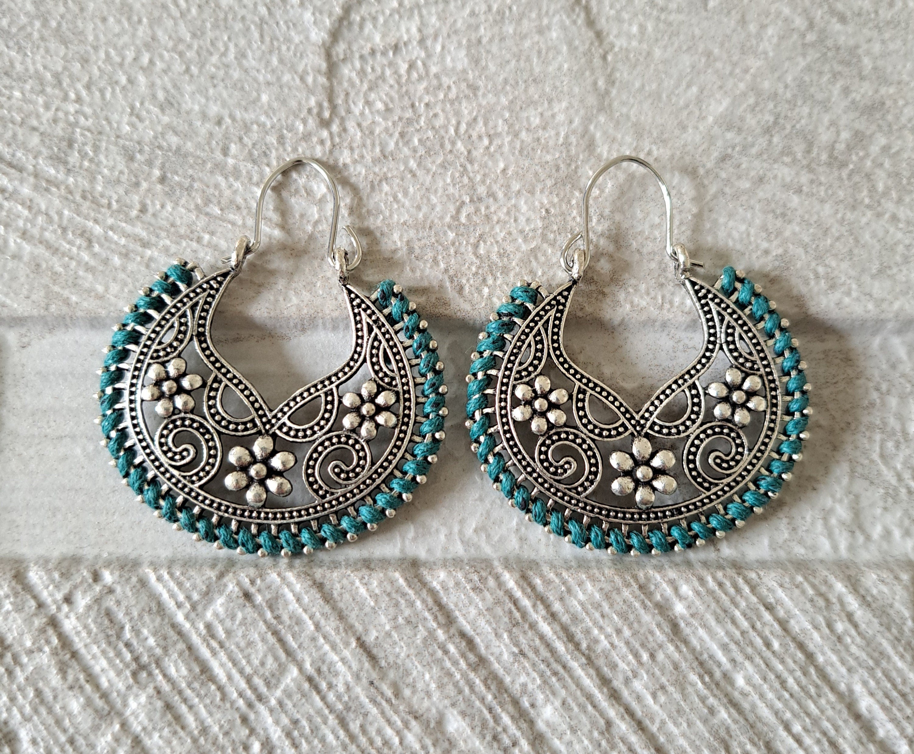 Silver Round Green Thread Cut Out Hoop Earrings