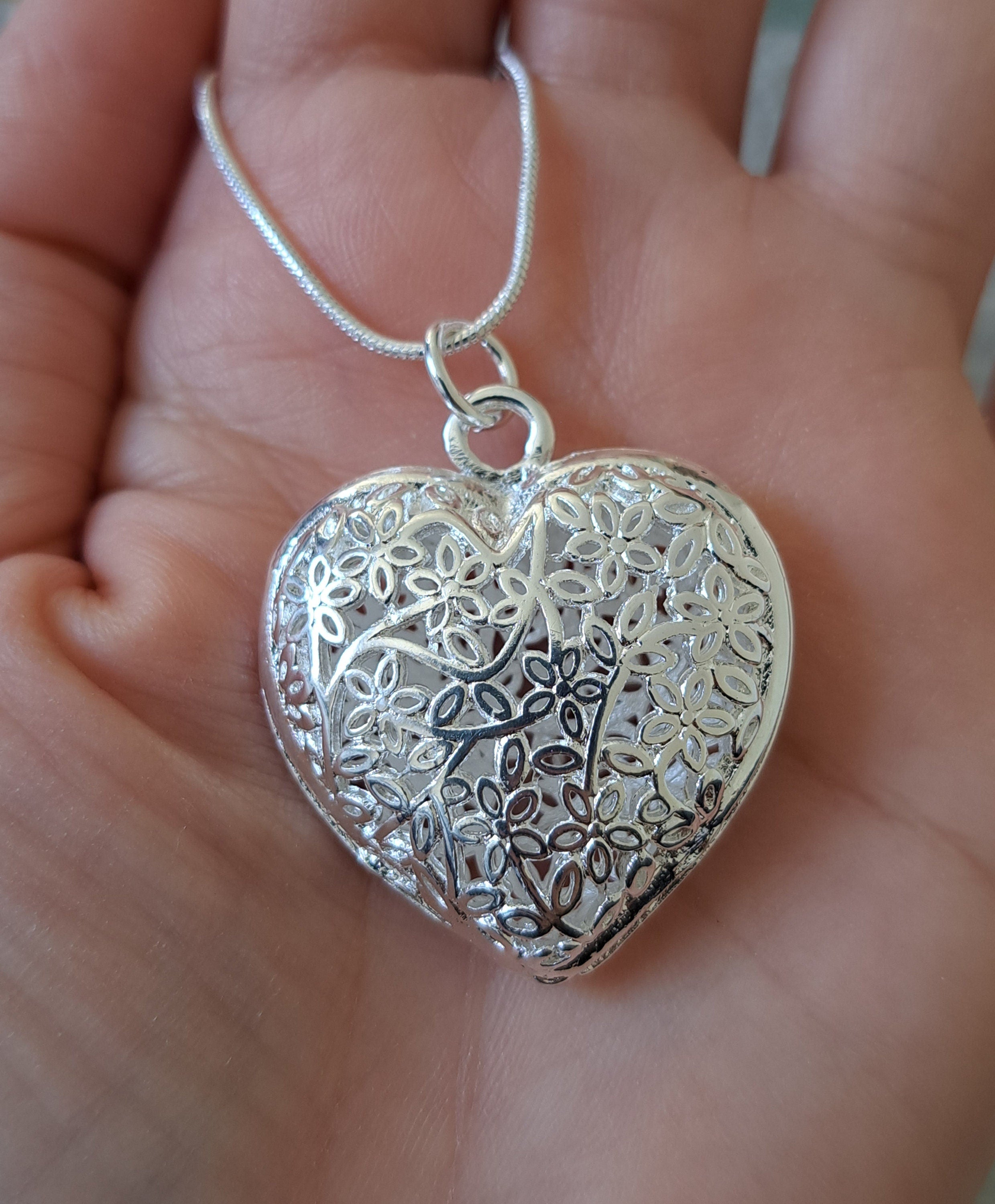 Large Silver 925 Cut Out Floral Heart Pendant and Necklace