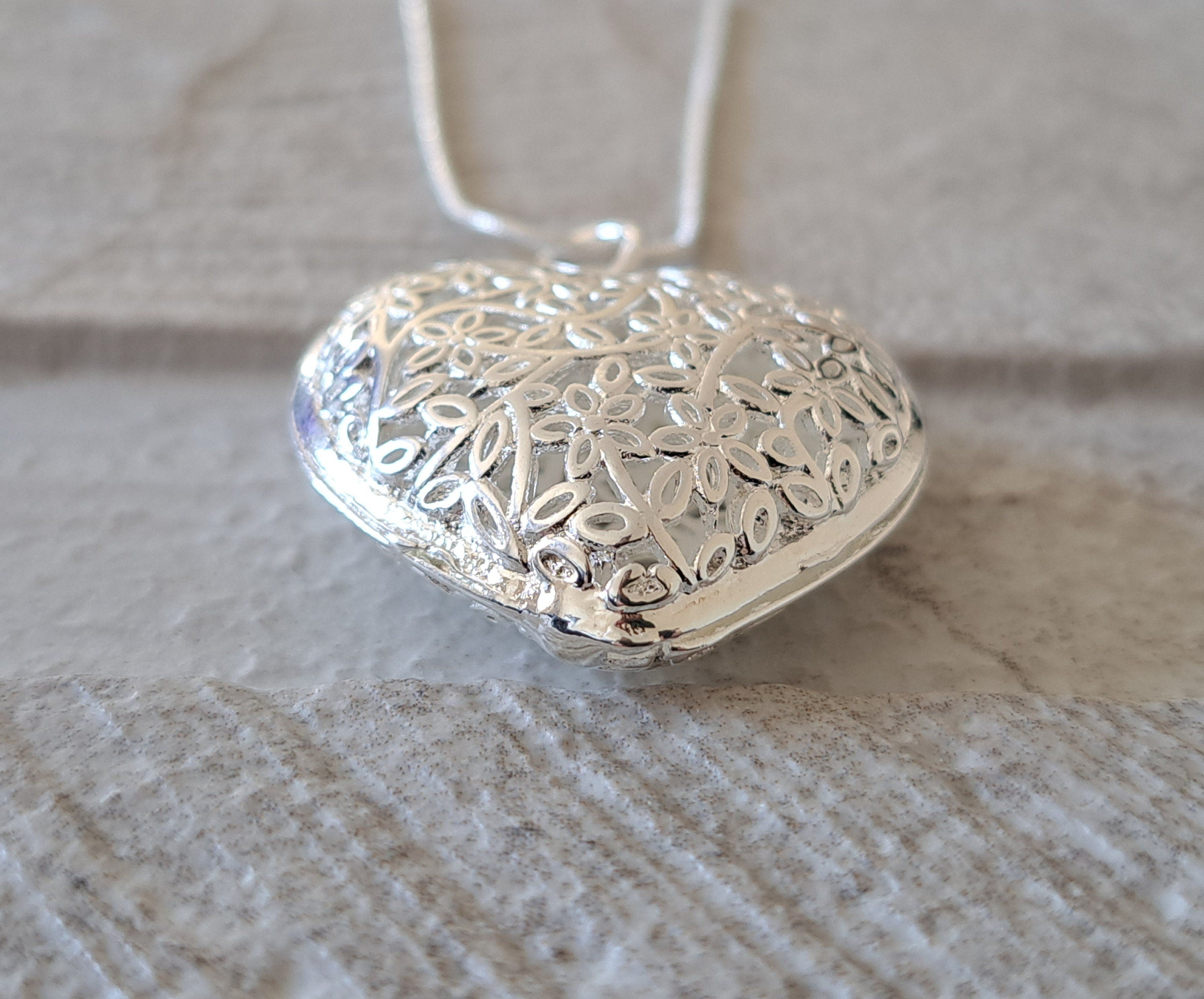 Large Silver 925 Cut Out Floral Heart Pendant and Necklace
