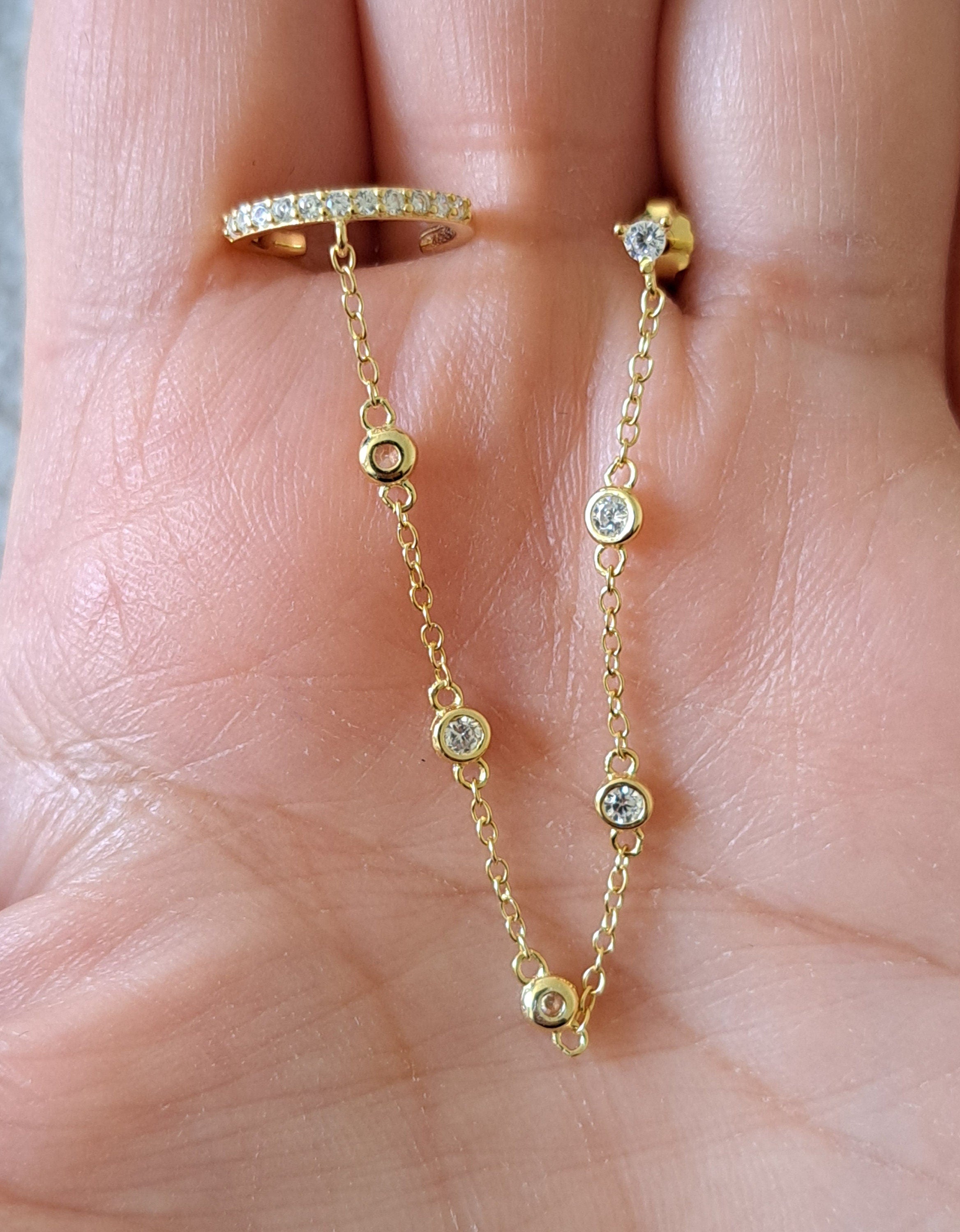 Gold finish 925 Swarovski Crystal Slide on Chain Ear Cuff Earring