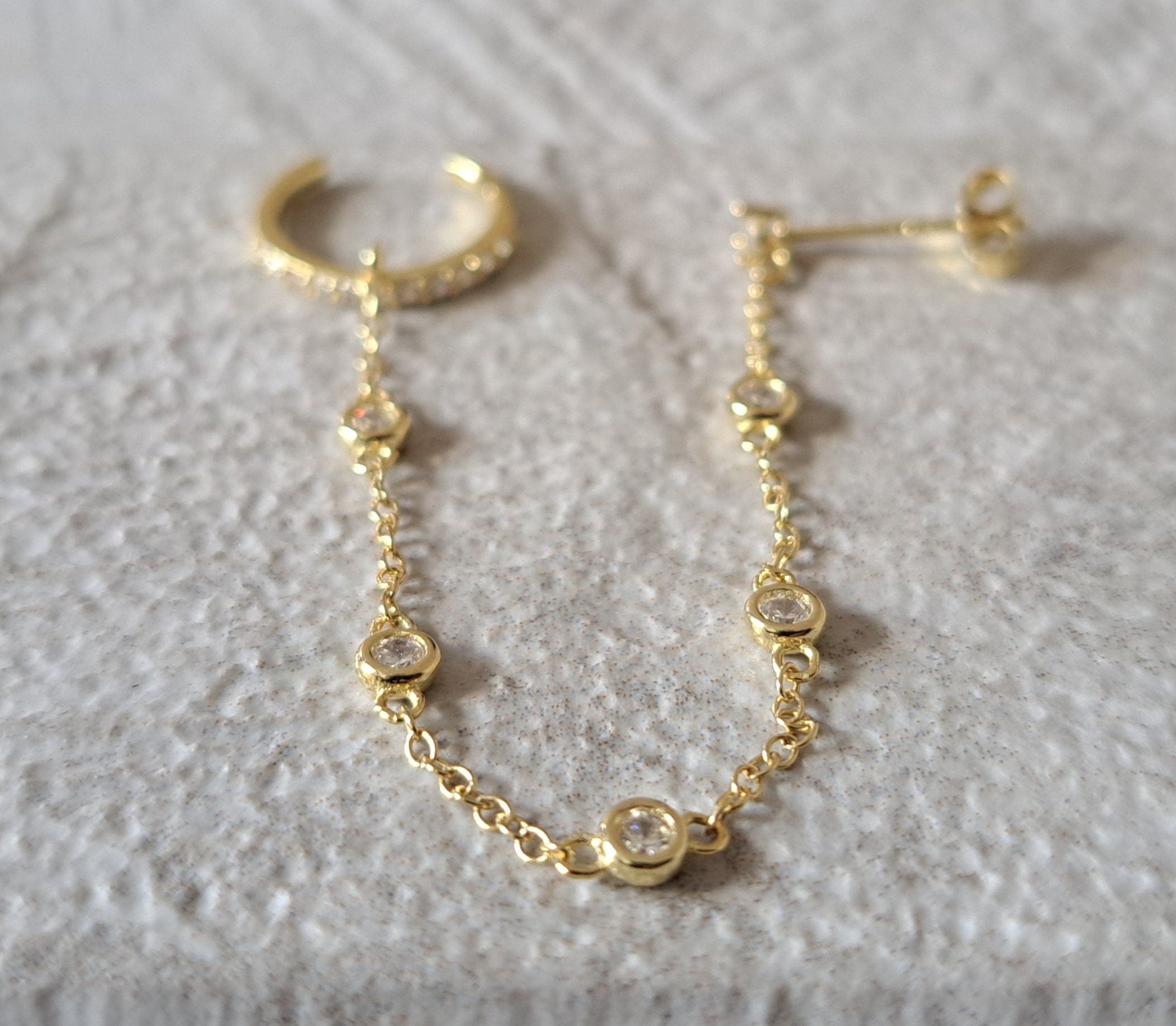 Gold finish 925 Swarovski Crystal Slide on Chain Ear Cuff Earring