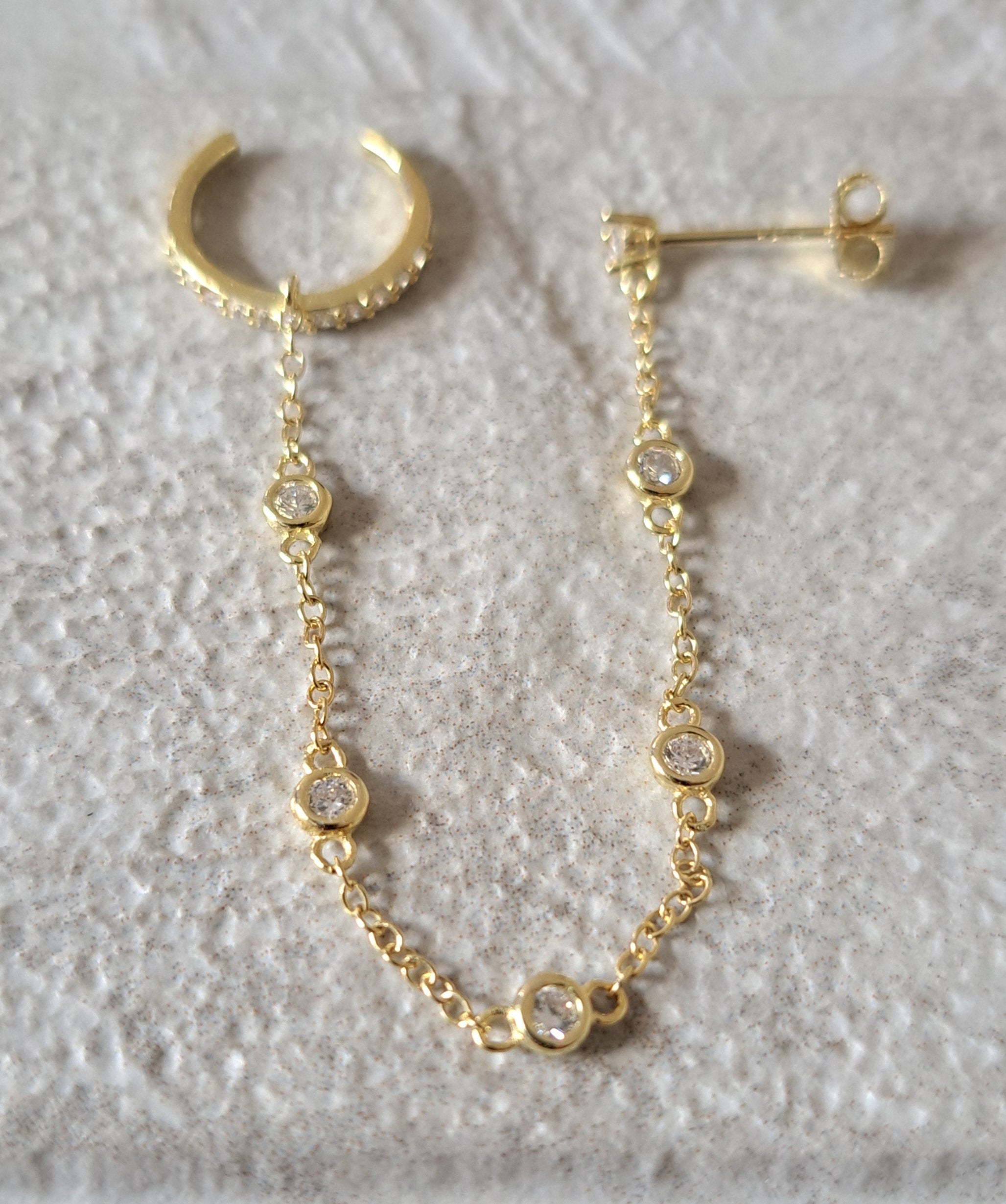 Gold finish 925 Swarovski Crystal Slide on Chain Ear Cuff Earring