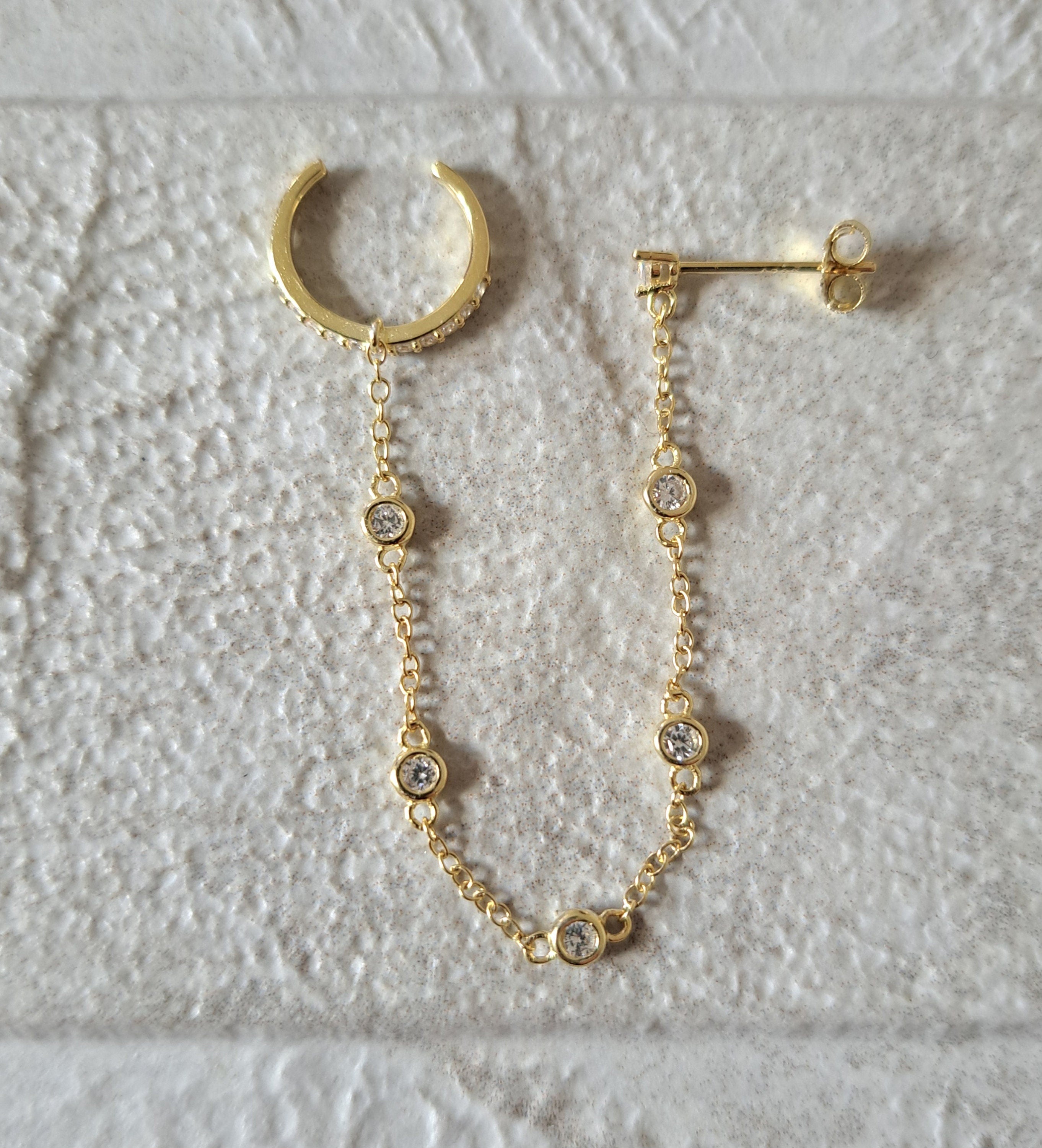 Gold finish 925 Swarovski Crystal Slide on Chain Ear Cuff Earring