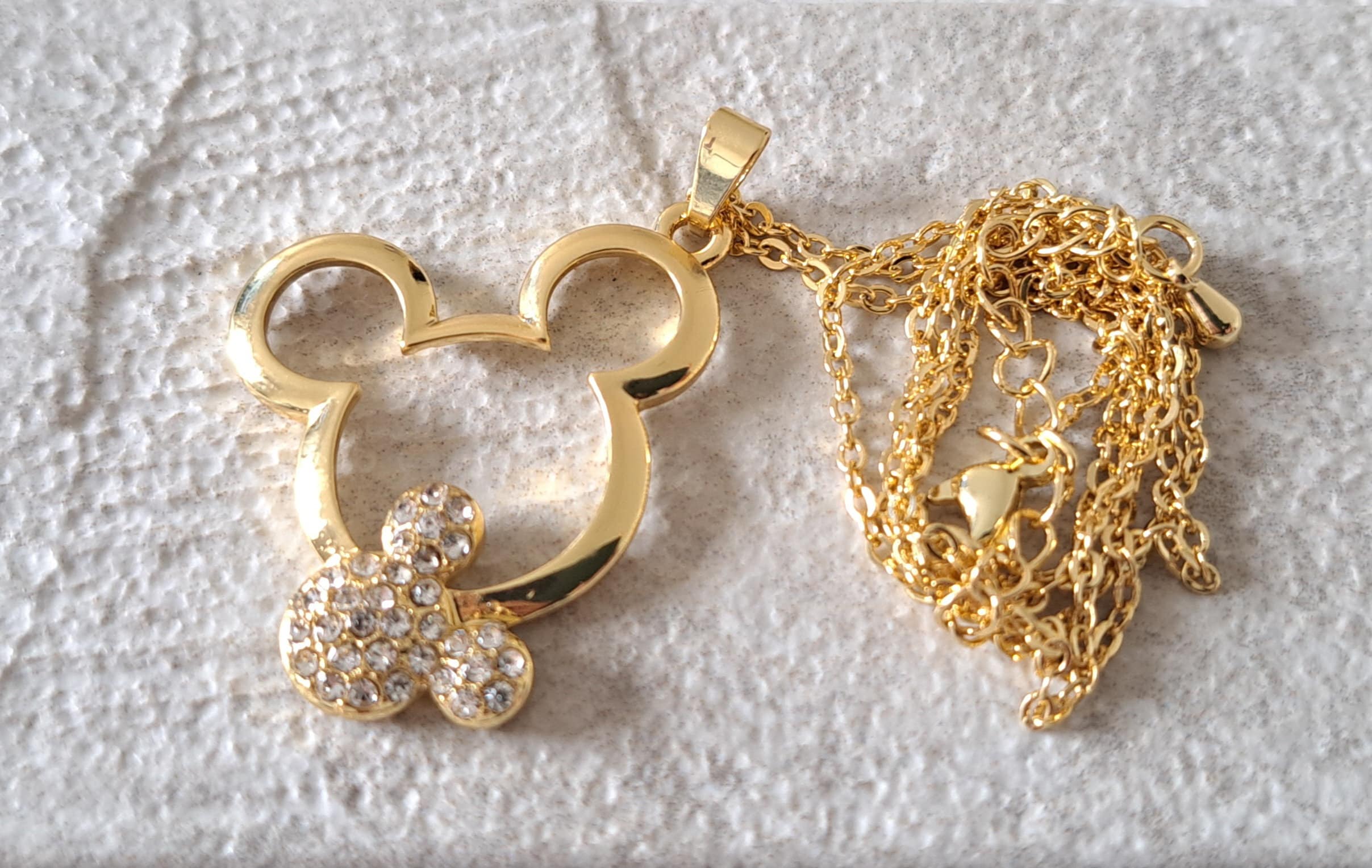 Gold Crystal Mickey Mouse Small Cut Out Pendant and Necklace