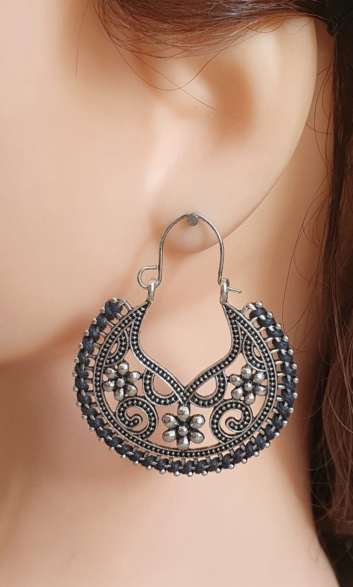 Silver Round Black Thread Cut Out Hoop Earrings