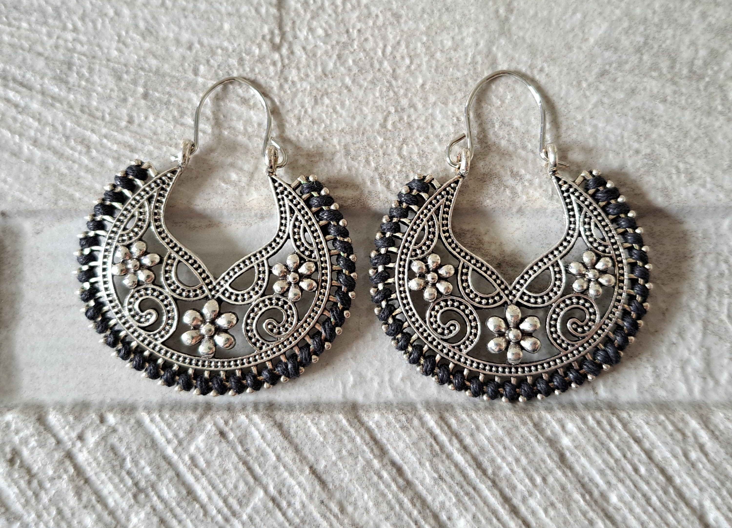 Silver Round Black Thread Cut Out Hoop Earrings