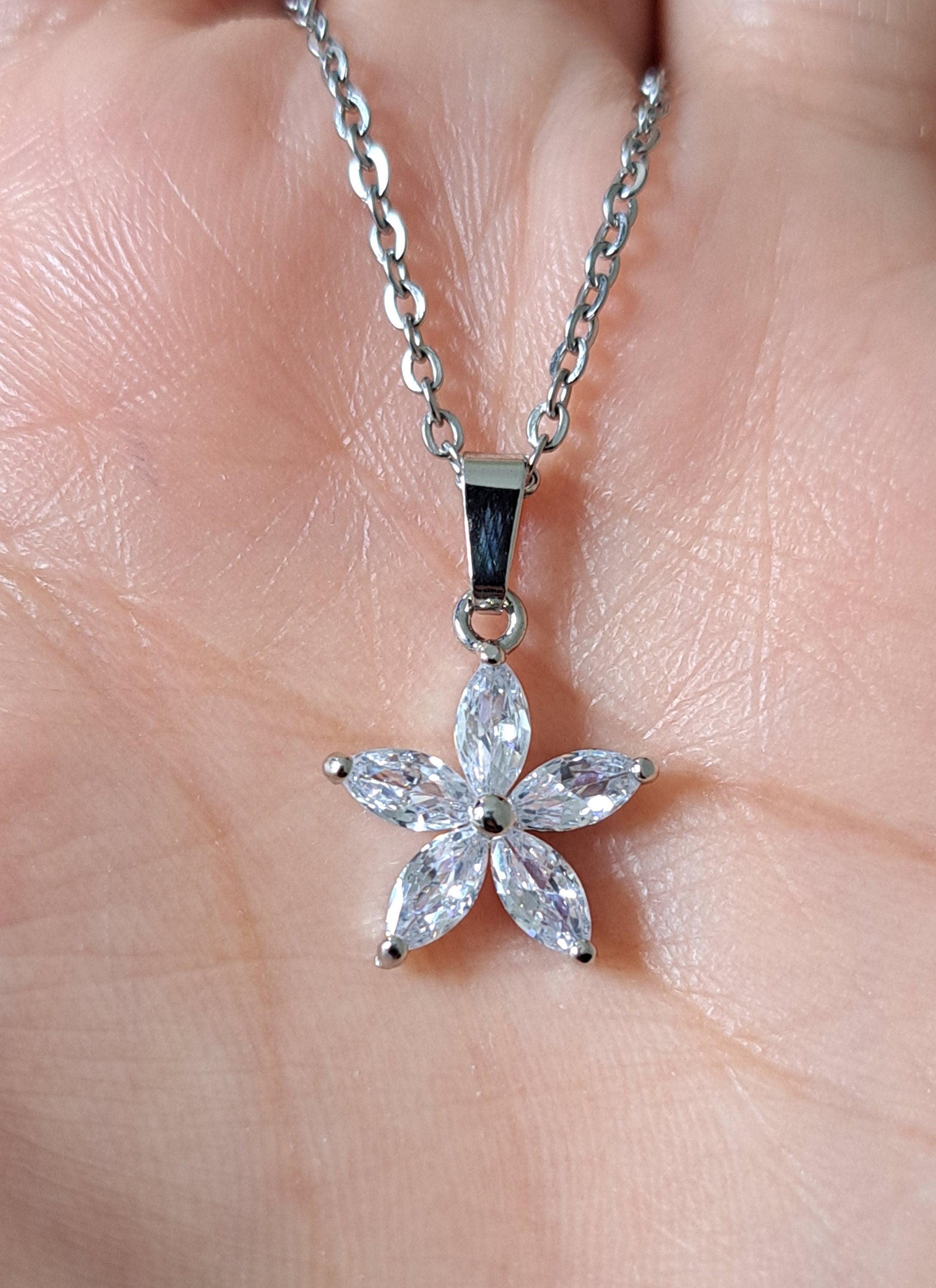 Silver Flower Swarovski Crystal Star Necklace And Pendant