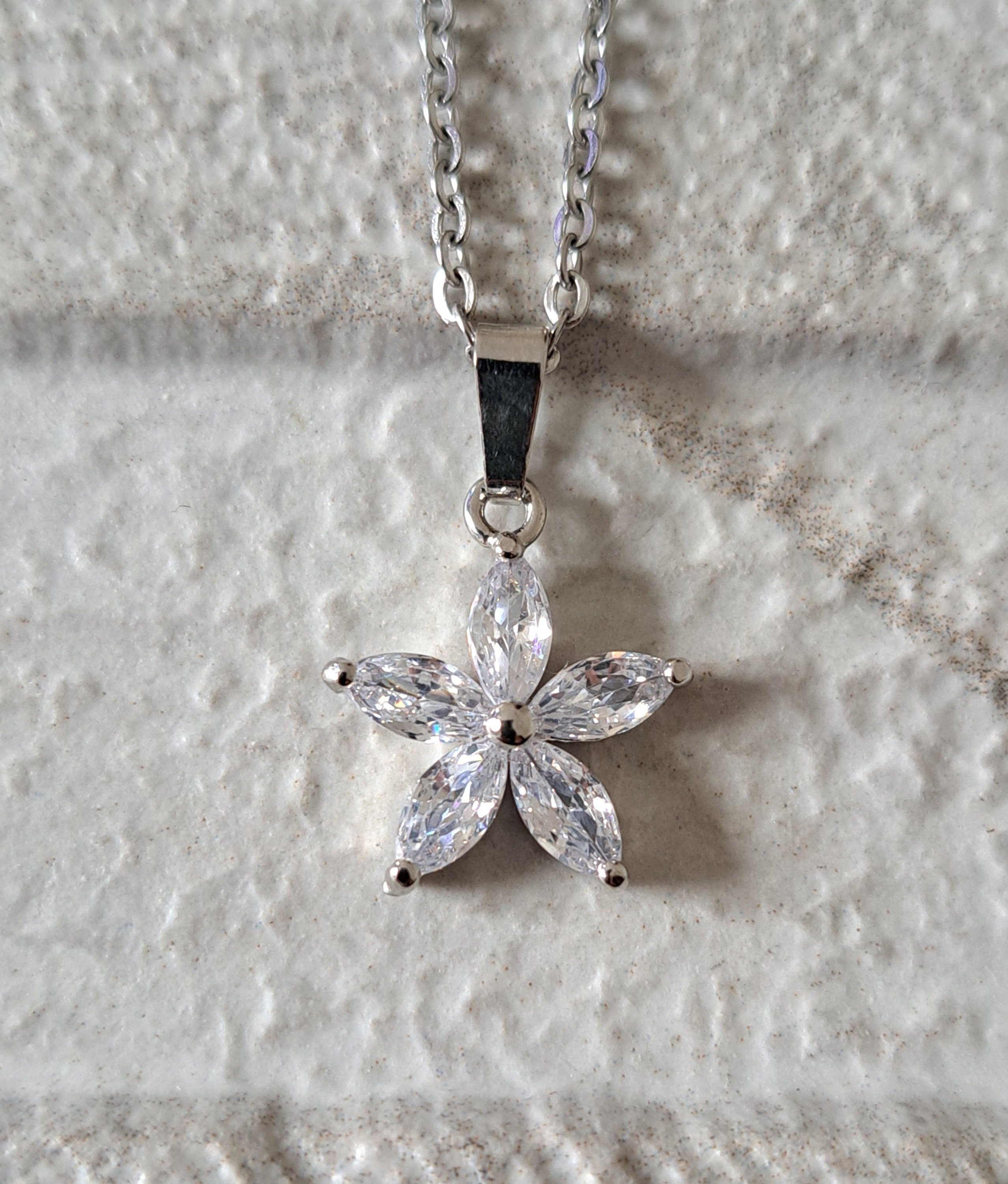 Silver Flower Swarovski Crystal Star Necklace And Pendant