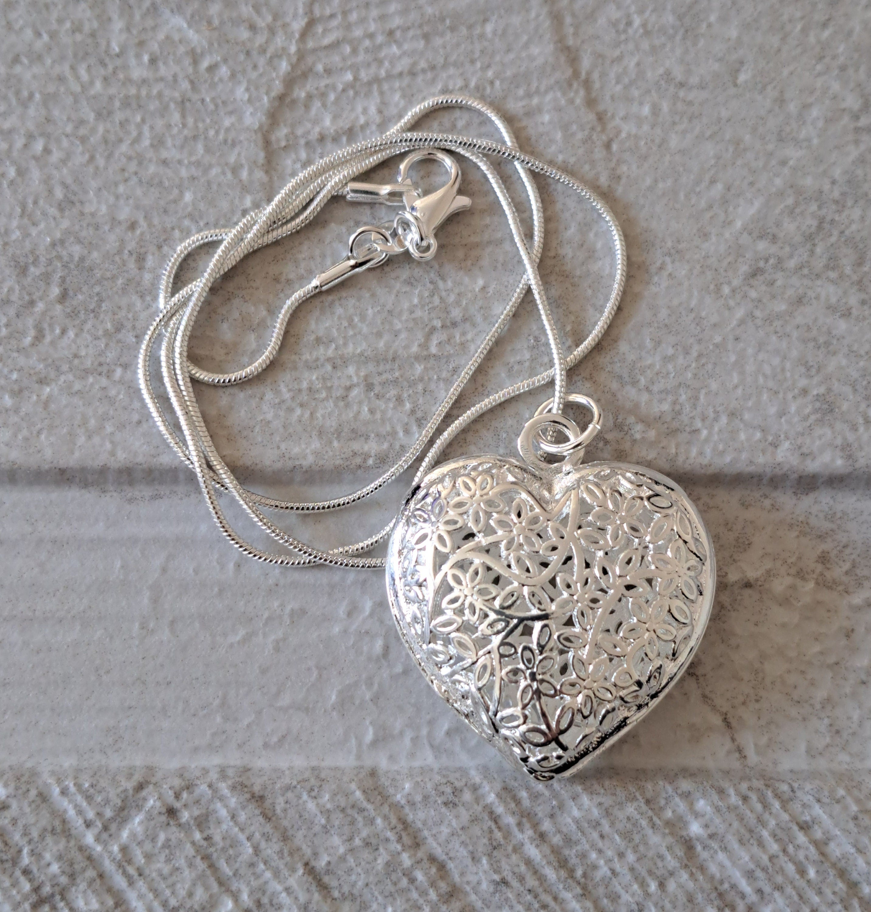 Large Silver 925 Cut Out Floral Heart Pendant and Necklace