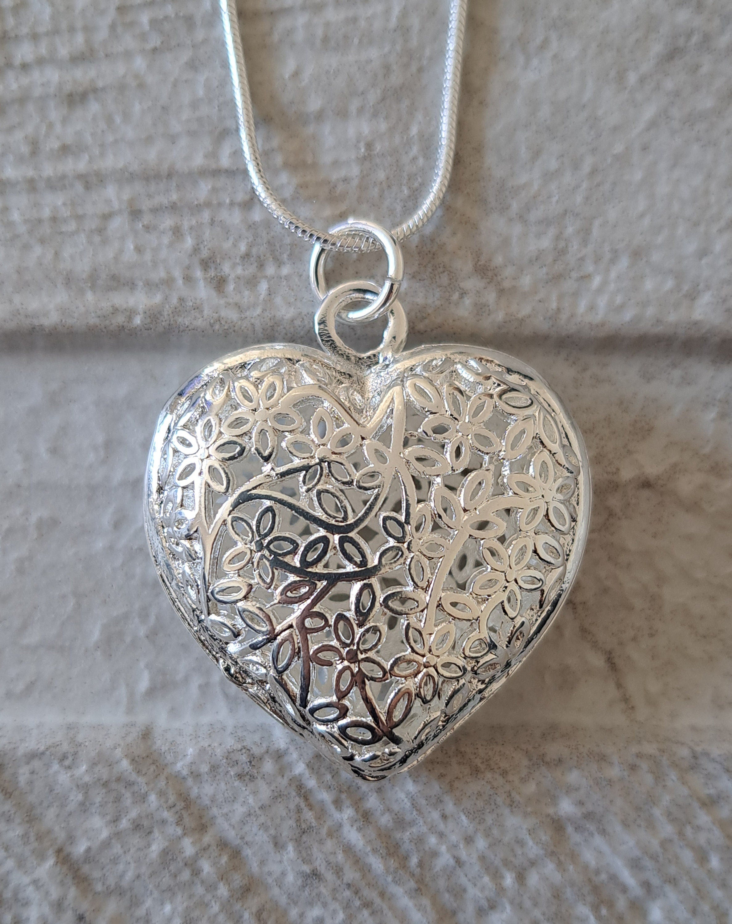 Large Silver 925 Cut Out Floral Heart Pendant and Necklace
