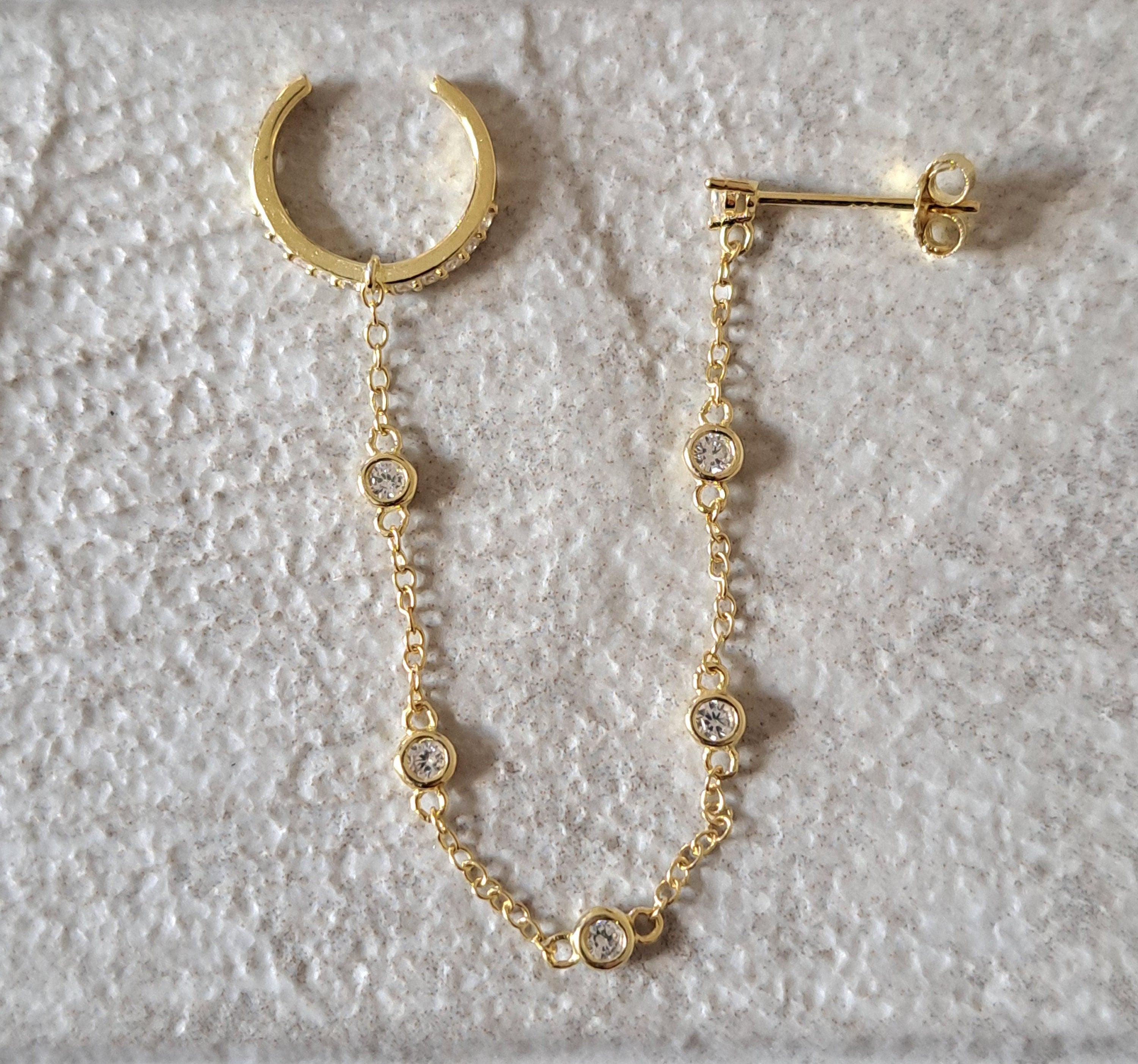 Gold finish 925 Swarovski Crystal Slide on Chain Ear Cuff Earring