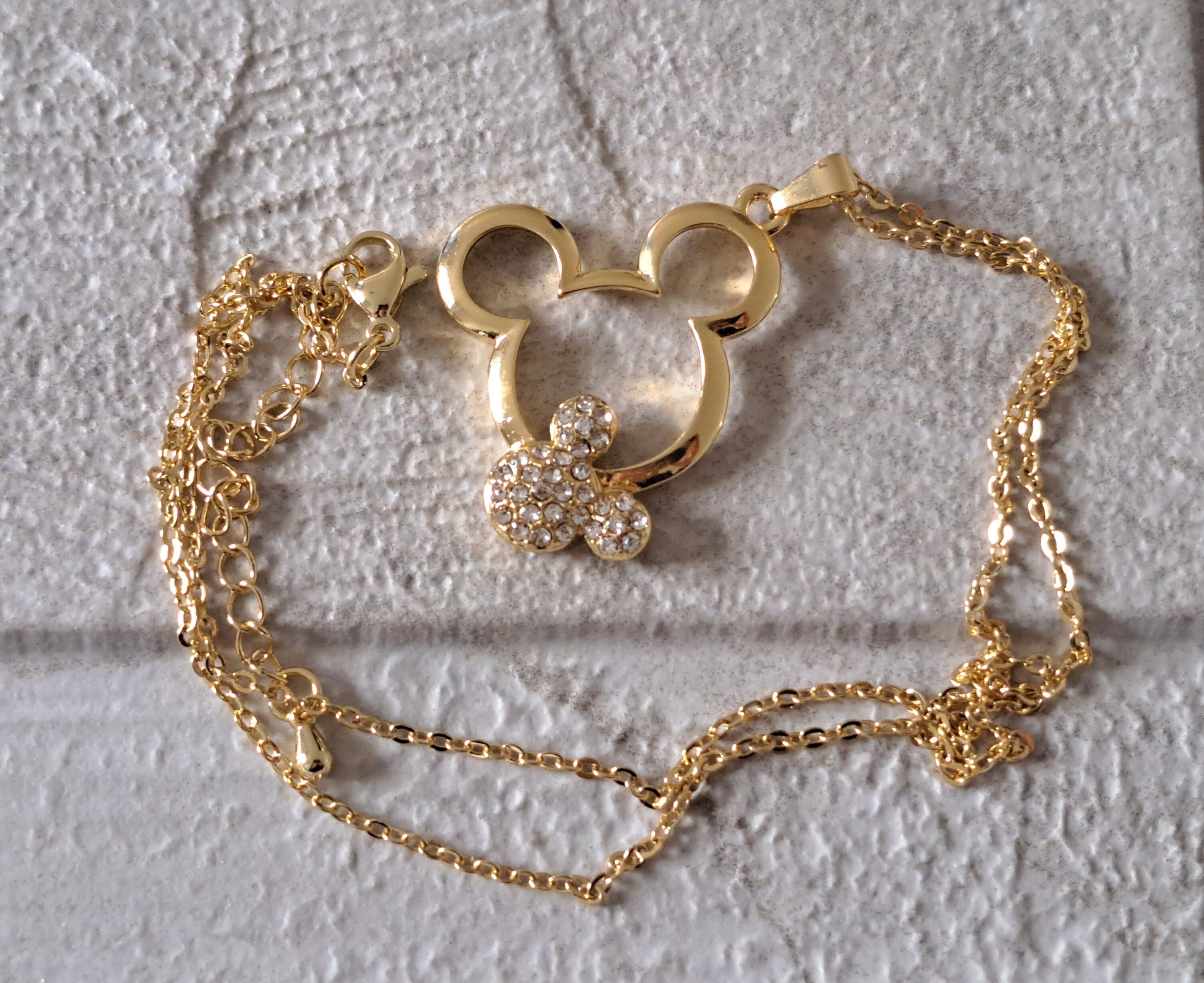Gold Crystal Mickey Mouse Small Cut Out Pendant and Necklace