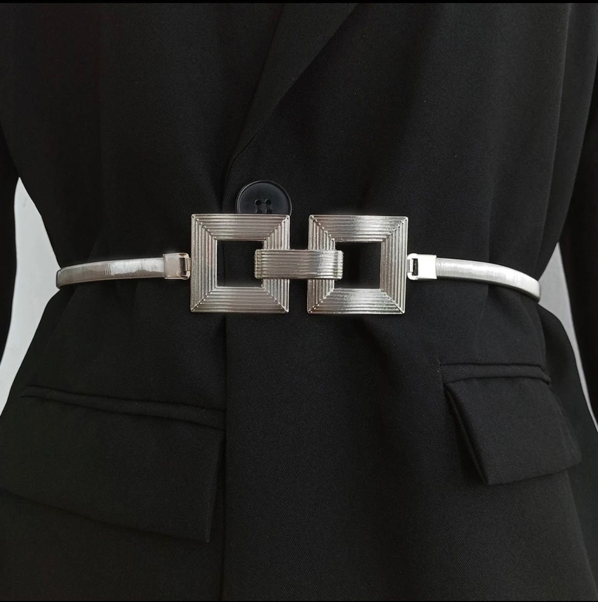 Silver Thin Stretch Dress Belt with Four Knot Buckle