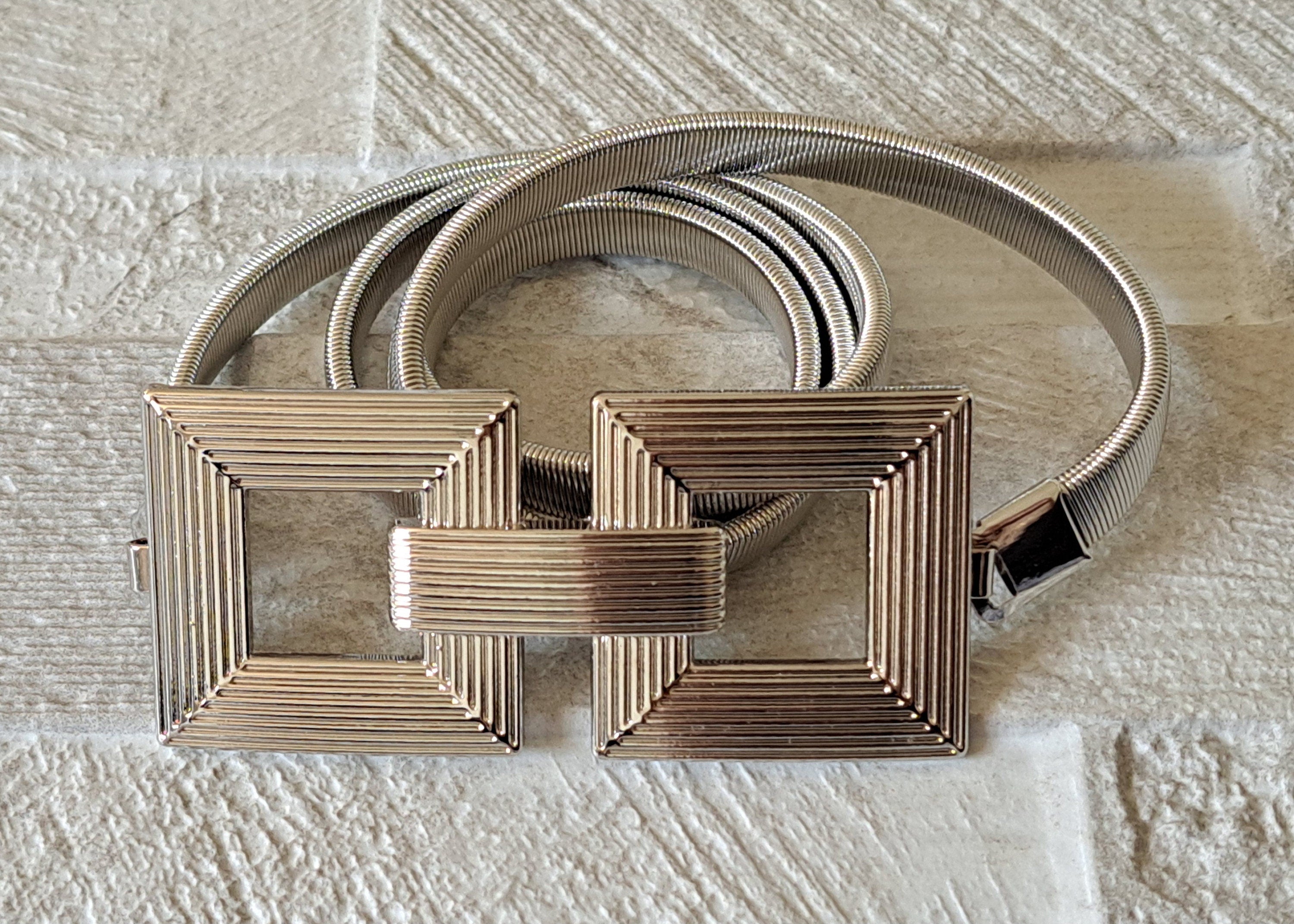 Silver Thin Stretch Dress Belt with Four Knot Buckle