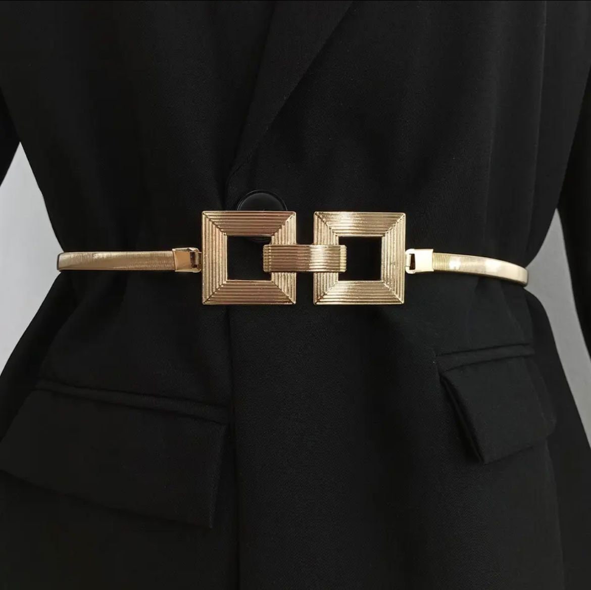 Gold Thin Stretch Dress Belt with Four Knot Buckle