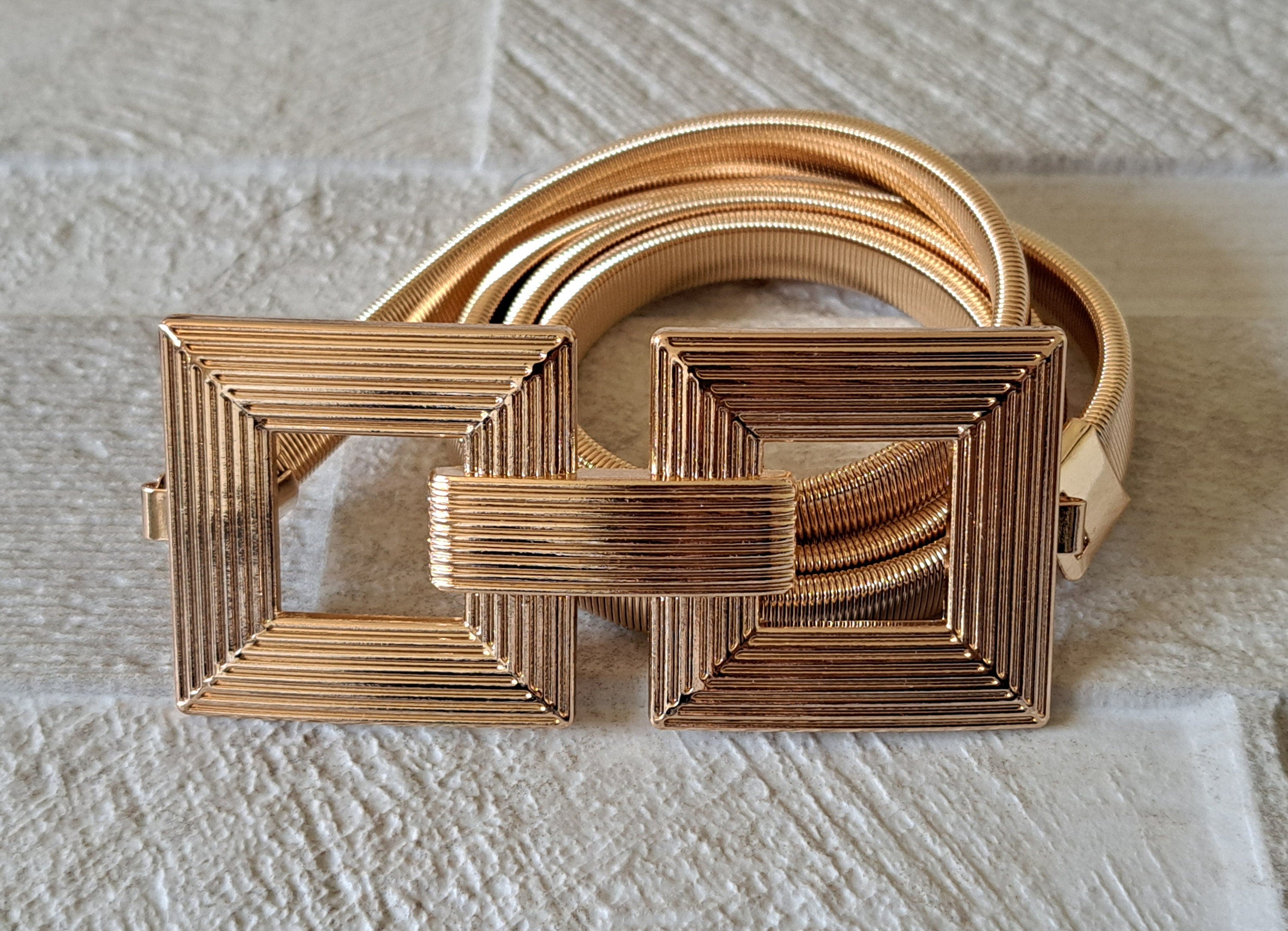 Gold Thin Stretch Dress Belt with Four Knot Buckle