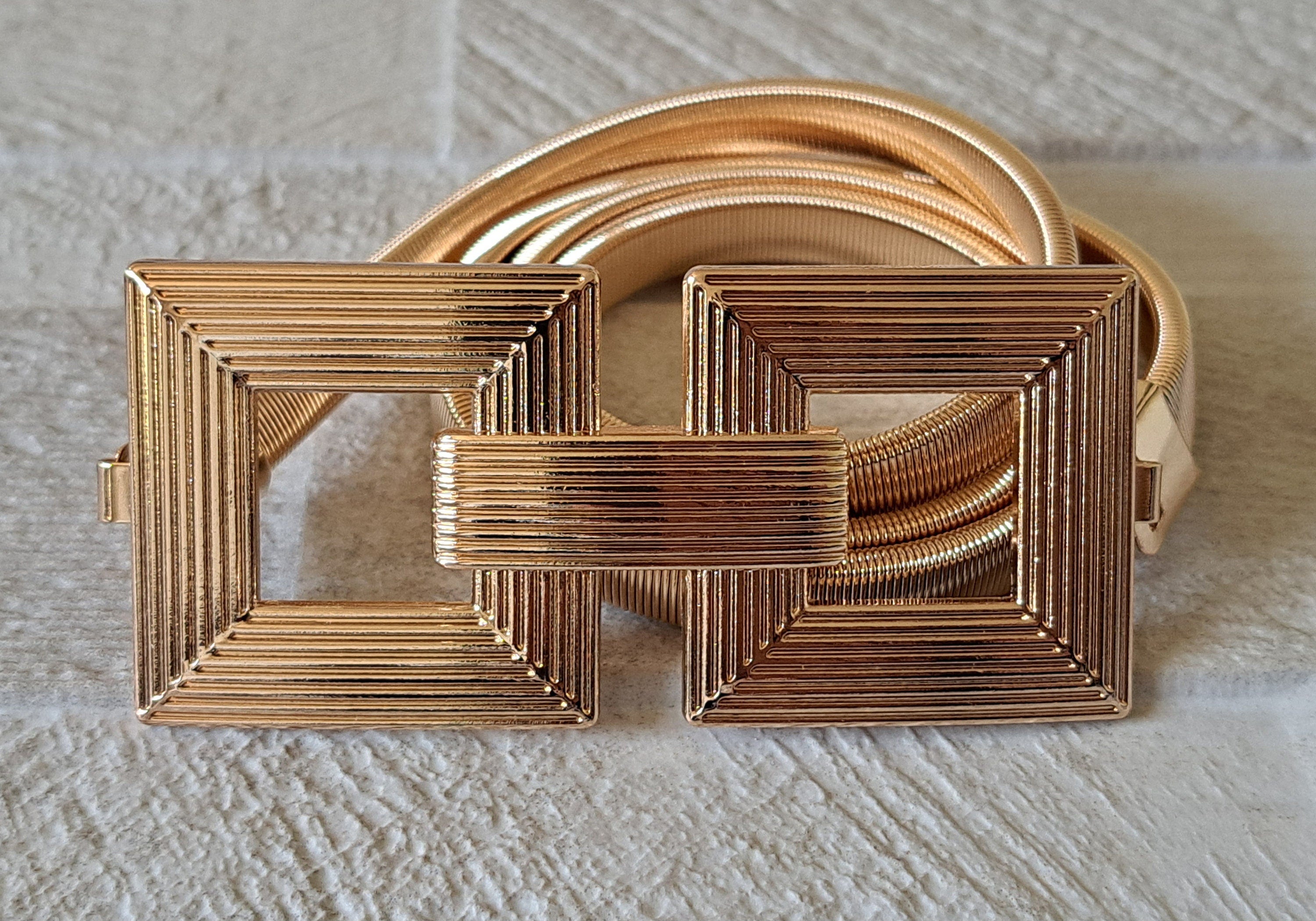 Gold Thin Stretch Dress Belt with Four Knot Buckle