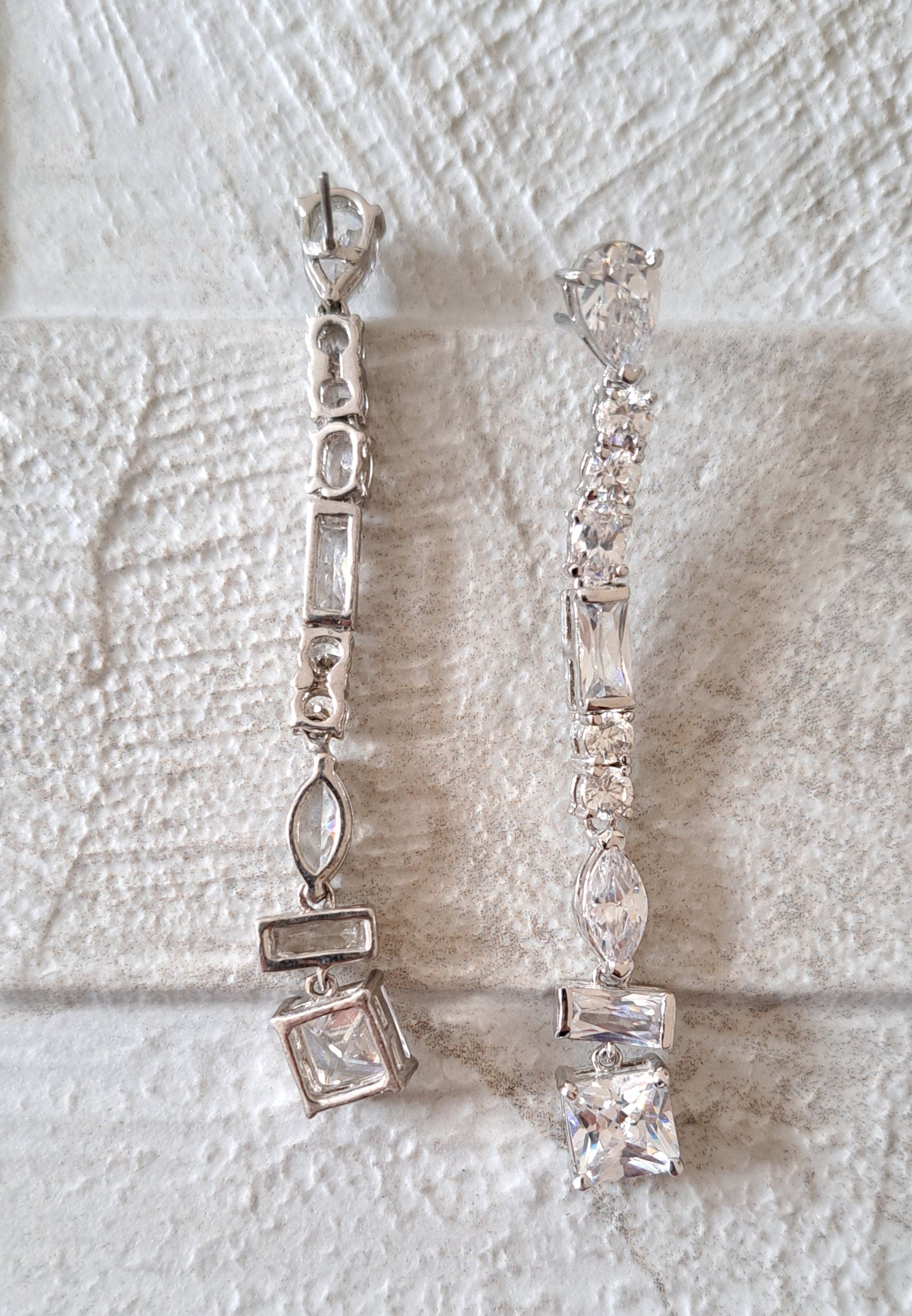 Silver Long Square Water Drop Swarovski Crystal Earrings