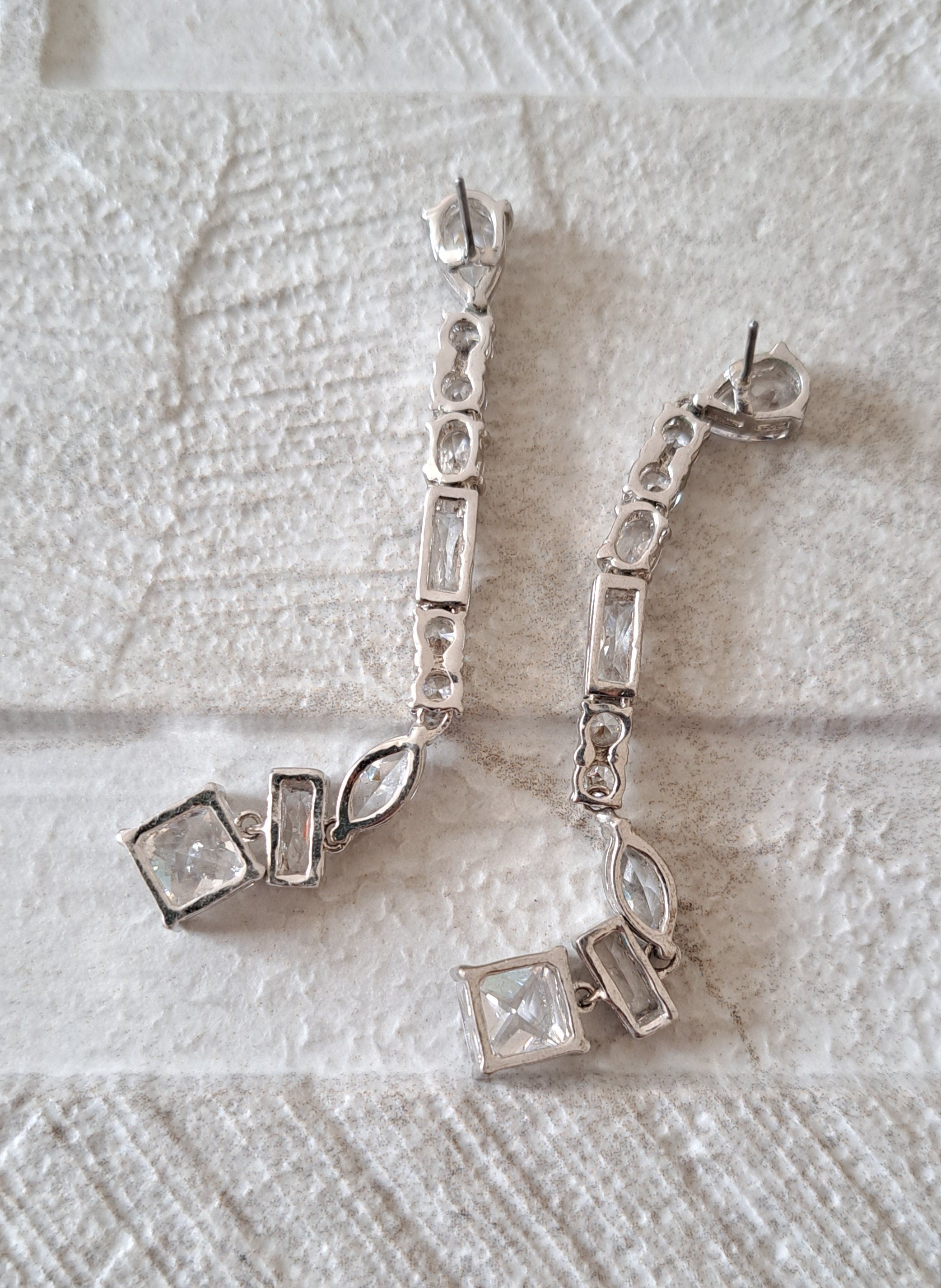 Silver Long Square Water Drop Swarovski Crystal Earrings