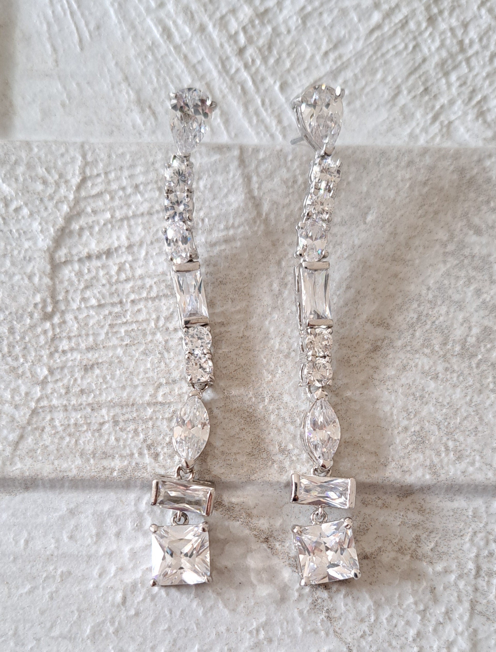 Silver Long Square Water Drop Swarovski Crystal Earrings