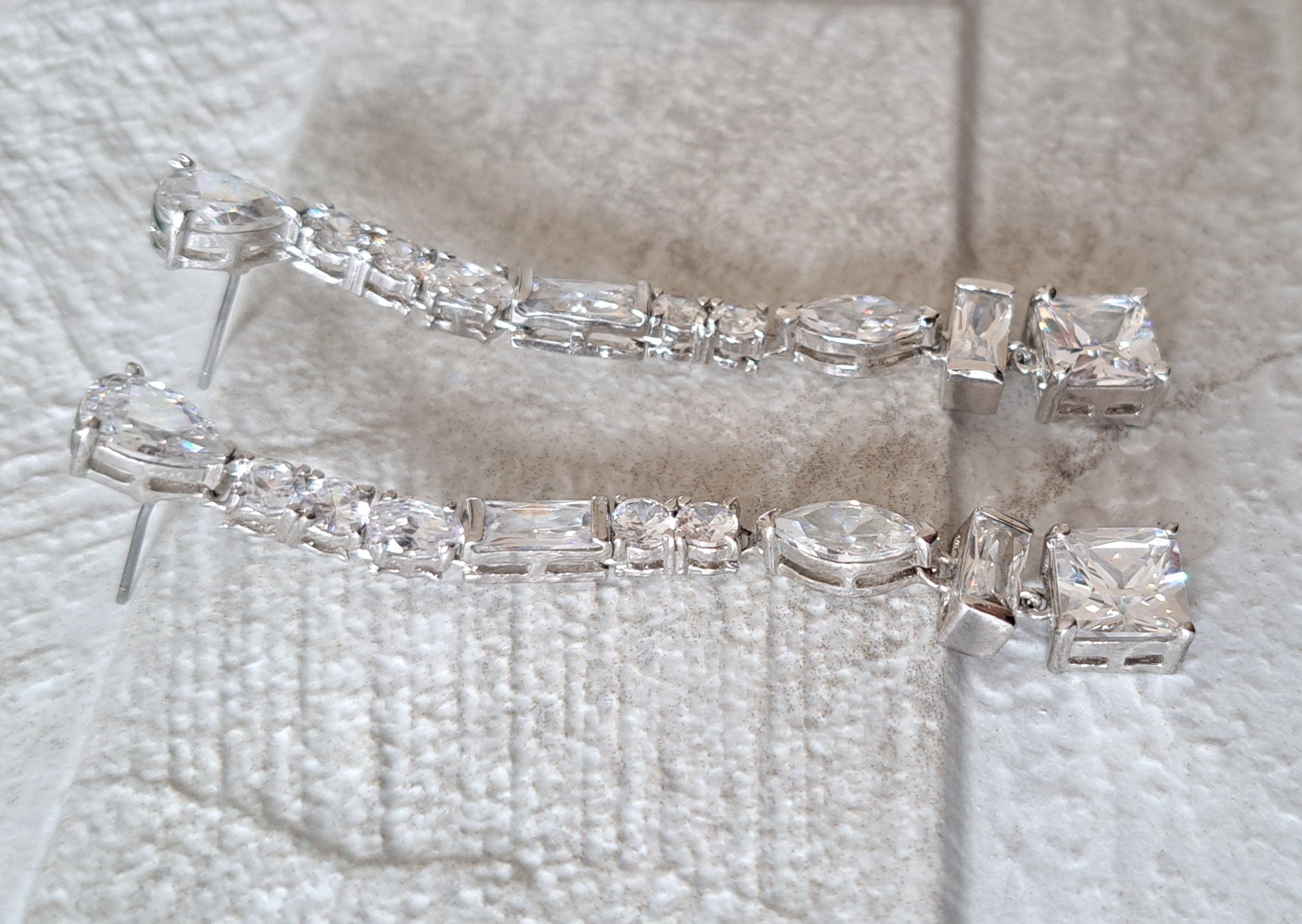 Silver Long Square Water Drop Swarovski Crystal Earrings