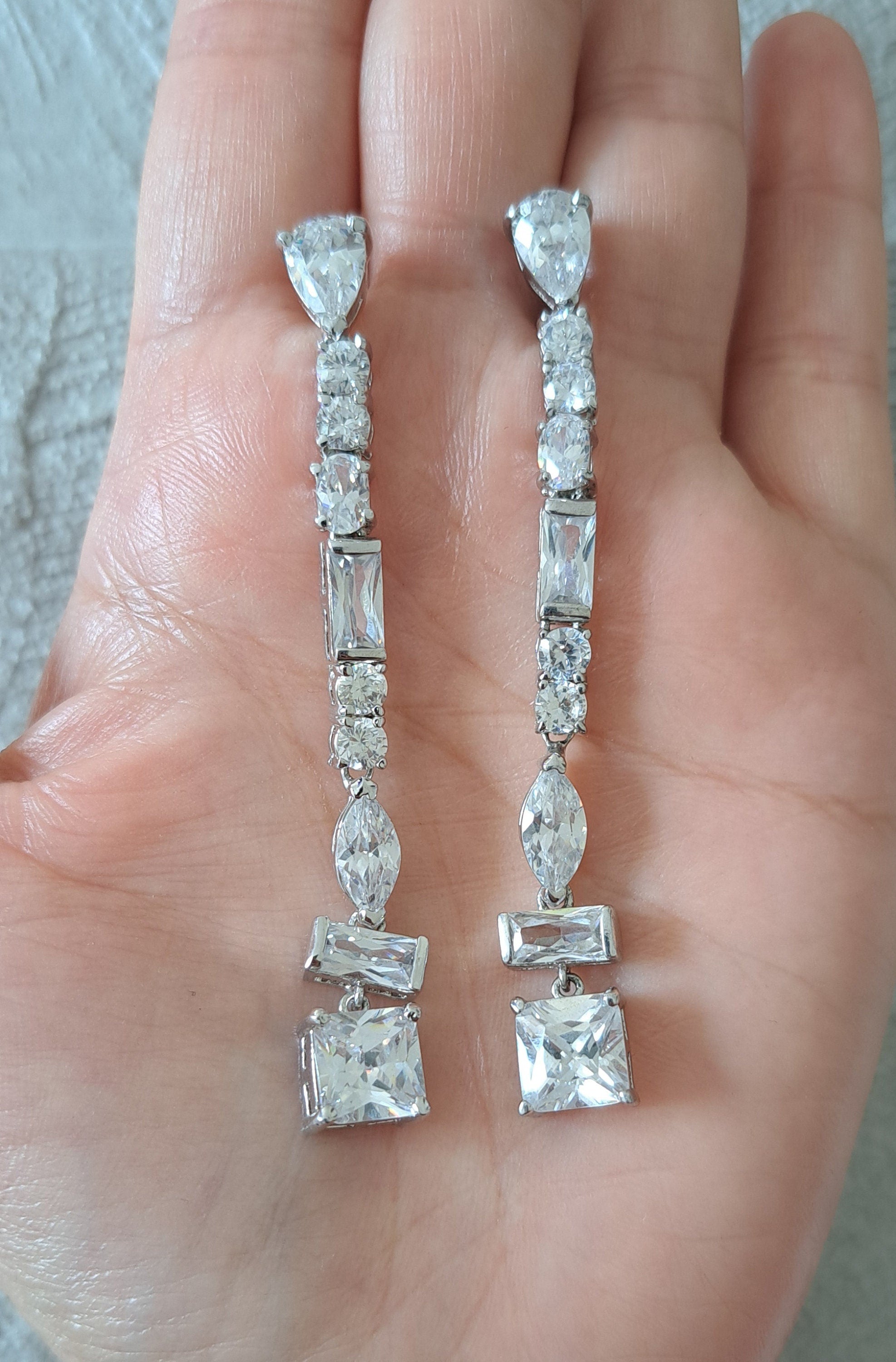 Silver Long Square Water Drop Swarovski Crystal Earrings