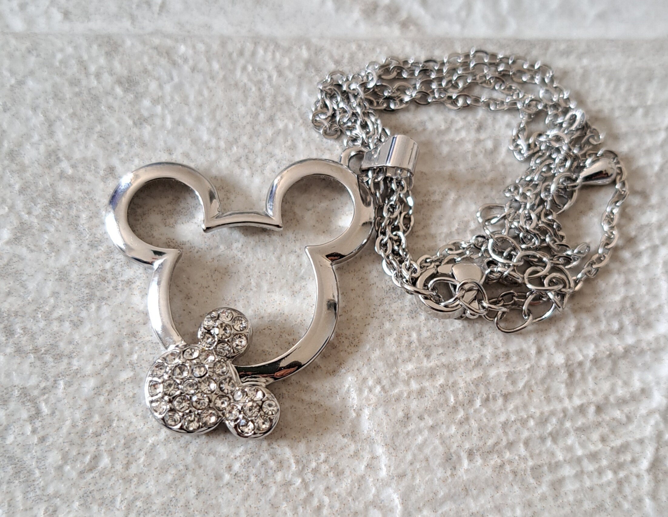 Mickey Mouse Disney Silver Hollow Cut-Out Pendant and Necklace