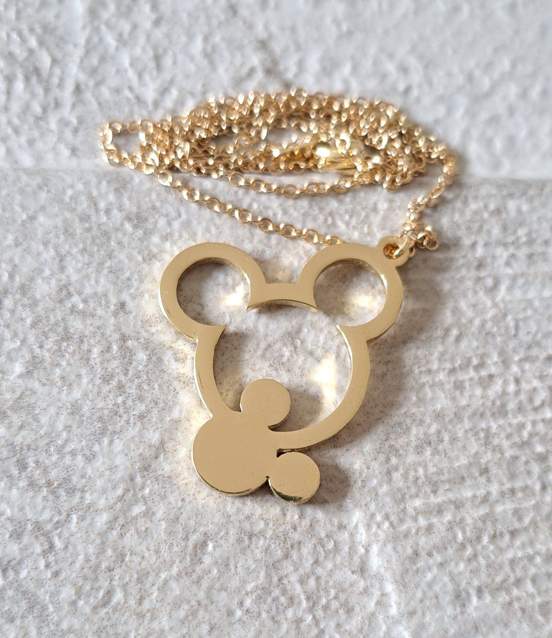 Gold Double Mickey Mouse Cut Out Pendant and Necklace