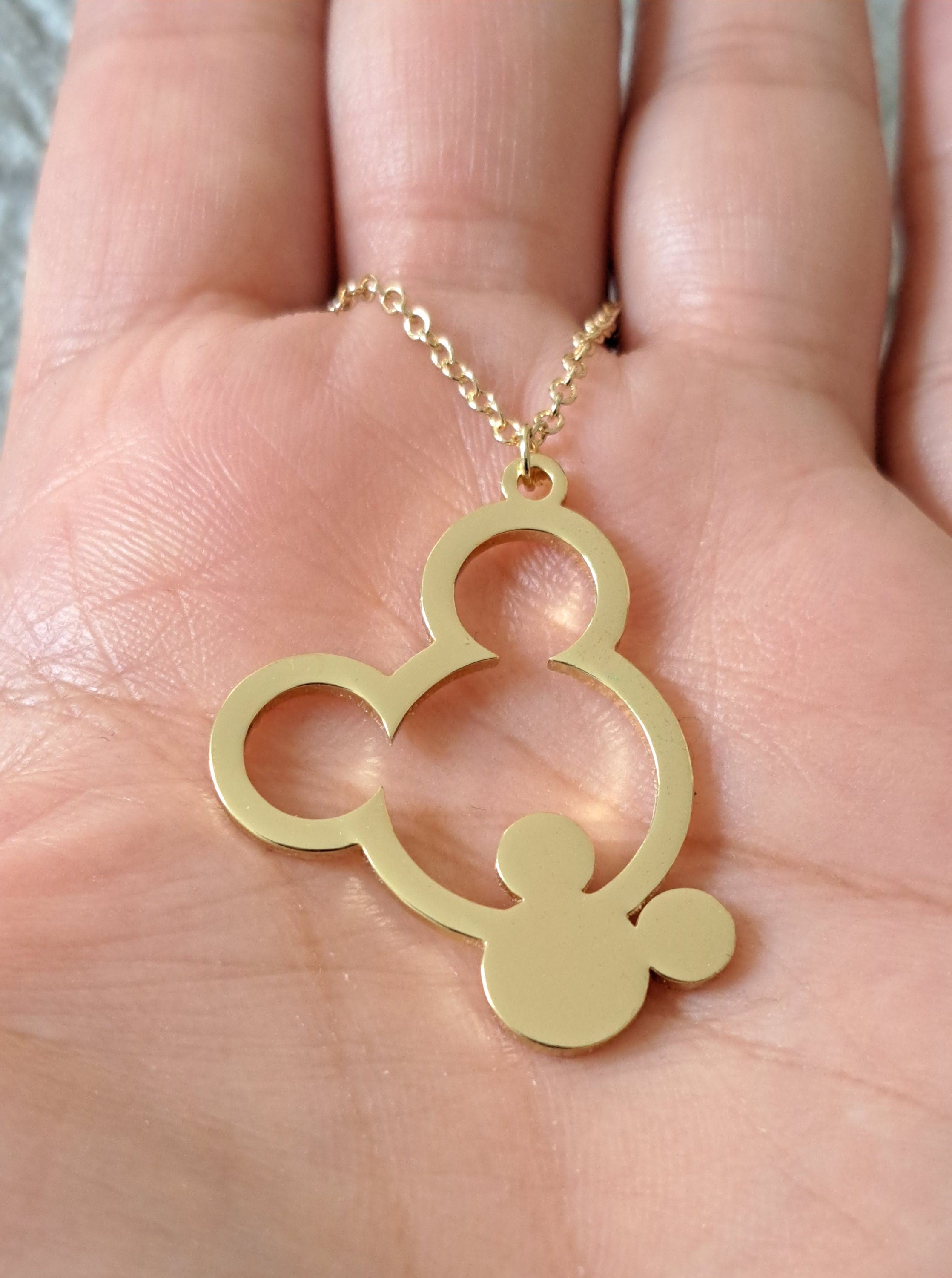 Gold Double Mickey Mouse Cut Out Pendant and Necklace