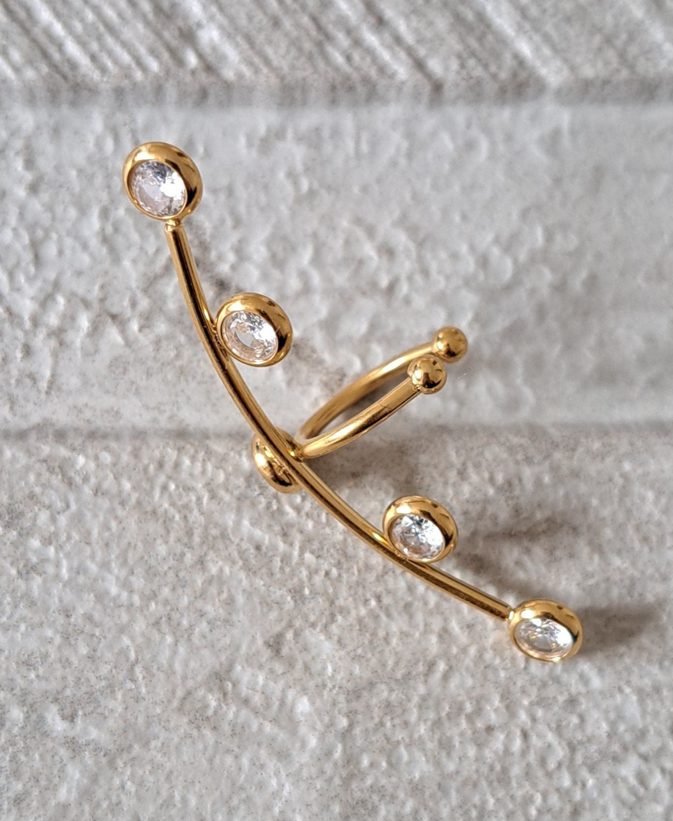 Gold Long Crystal Stainless Steel Cuff Earring