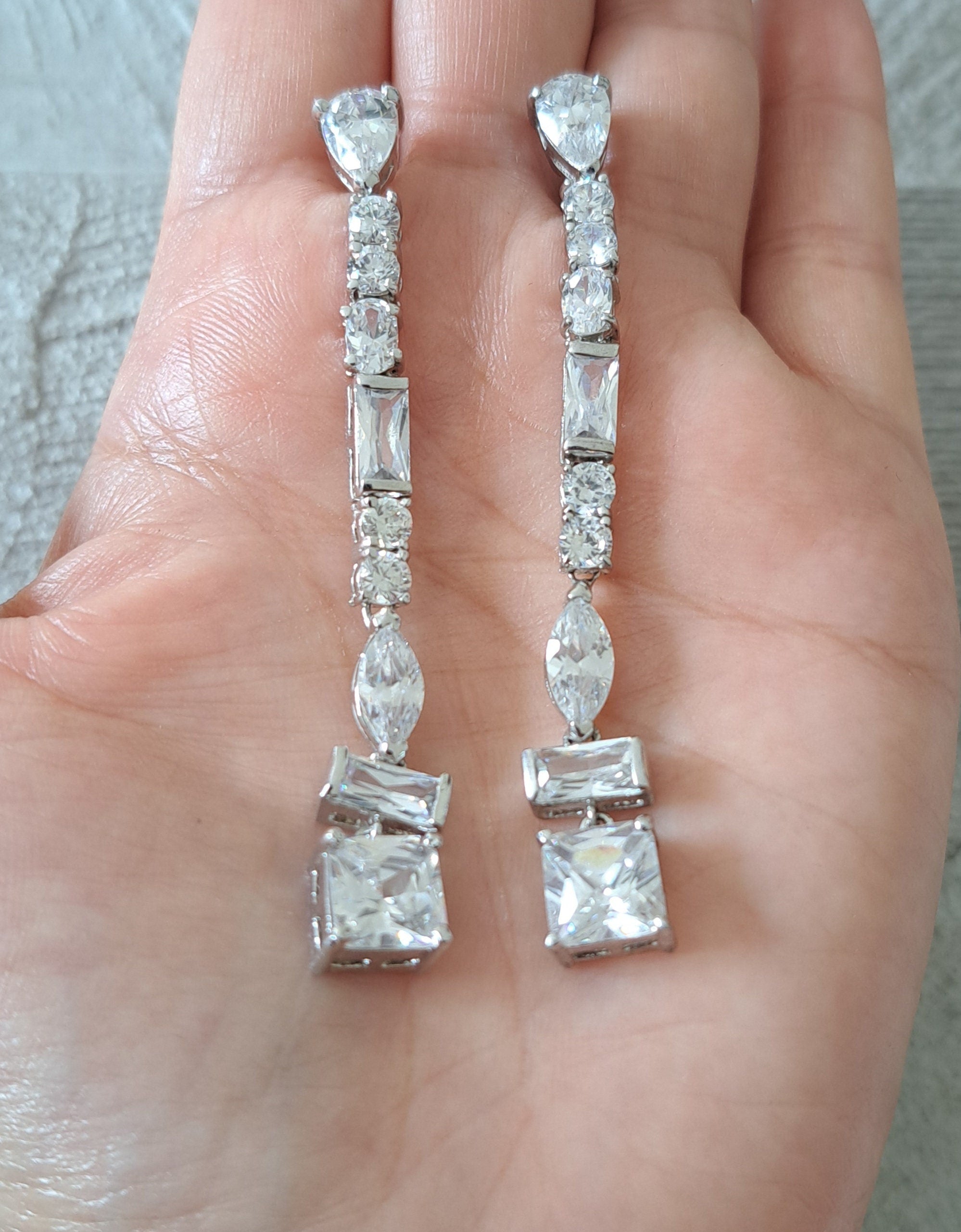 Silver Long Square Water Drop Swarovski Crystal Earrings