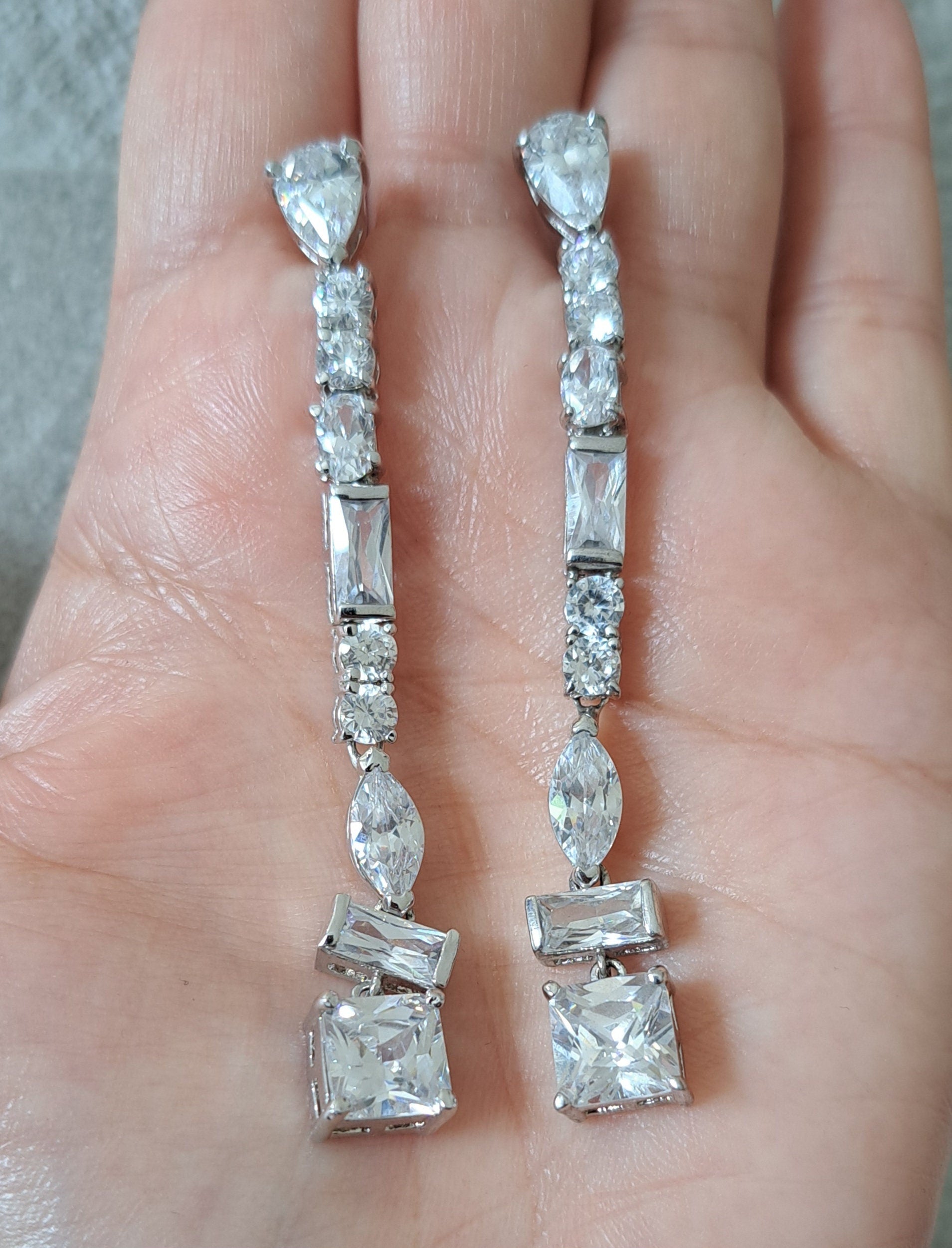 Silver Long Square Water Drop Swarovski Crystal Earrings
