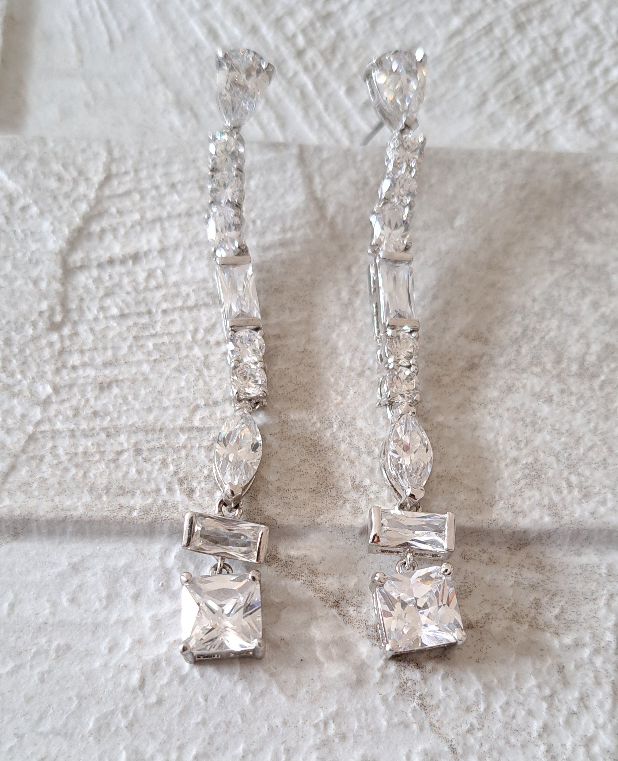 Silver Long Square Water Drop Swarovski Crystal Earrings