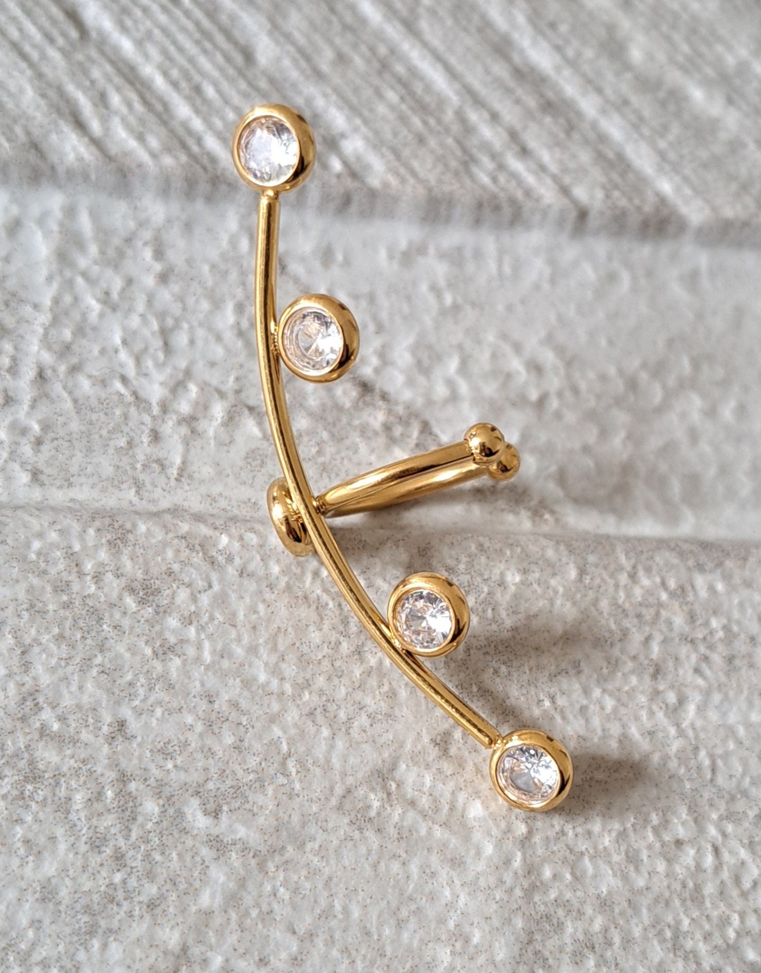 Gold Long Crystal Stainless Steel Cuff Earring