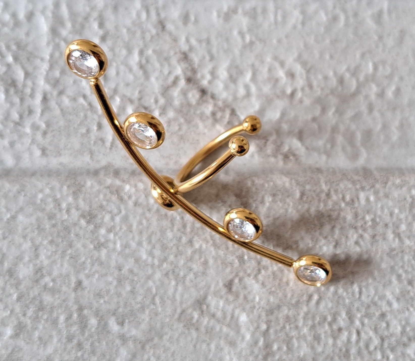 Gold Long Crystal Stainless Steel Cuff Earring