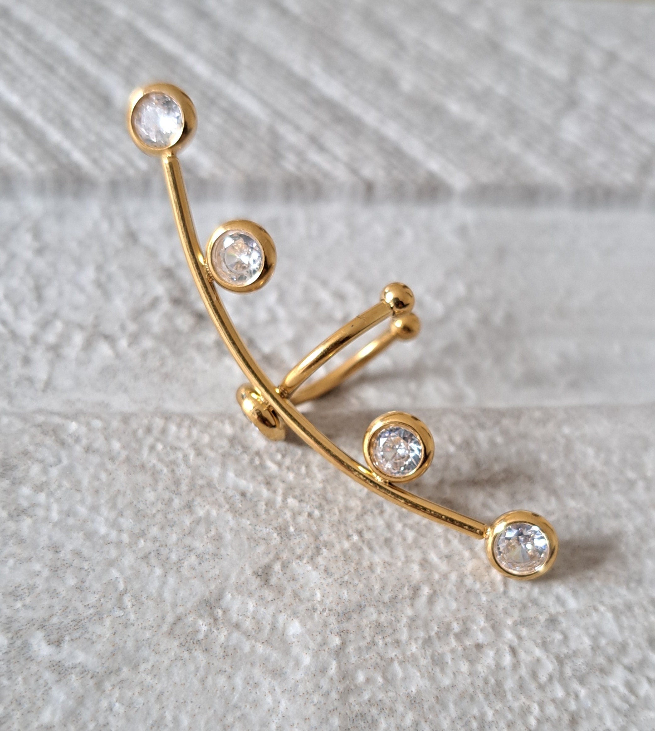 Gold Long Crystal Stainless Steel Cuff Earring