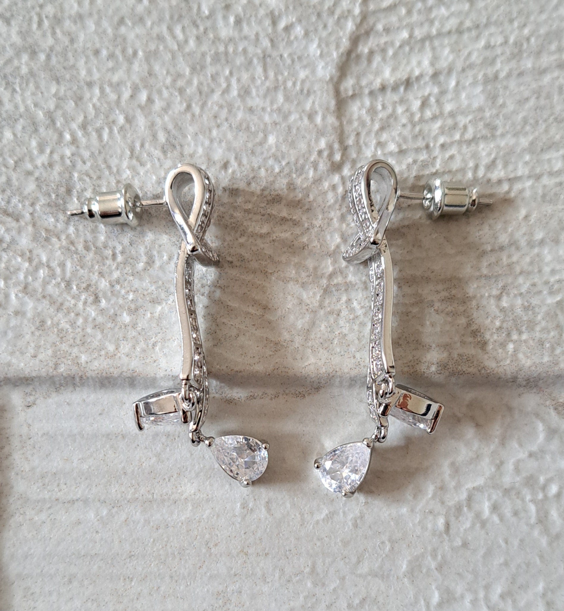 Silver Swarovski Crystal Bow Long Drop Chandelier Earrings