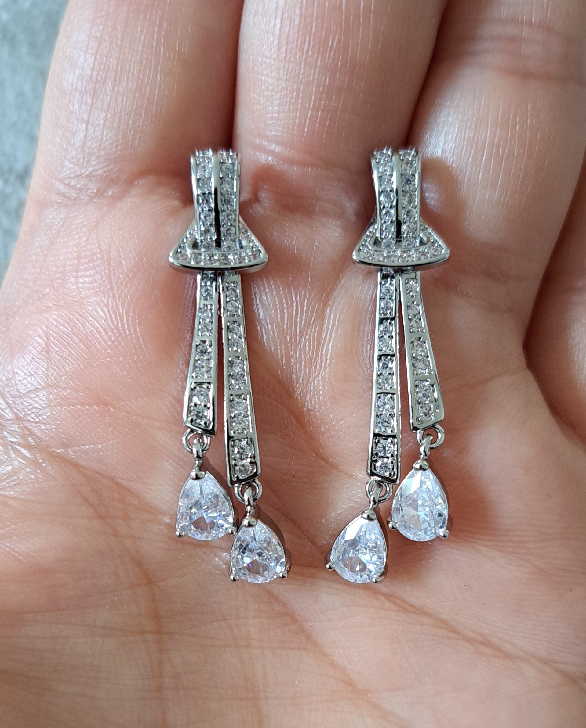 Silver Swarovski Crystal Bow Long Drop Chandelier Earrings