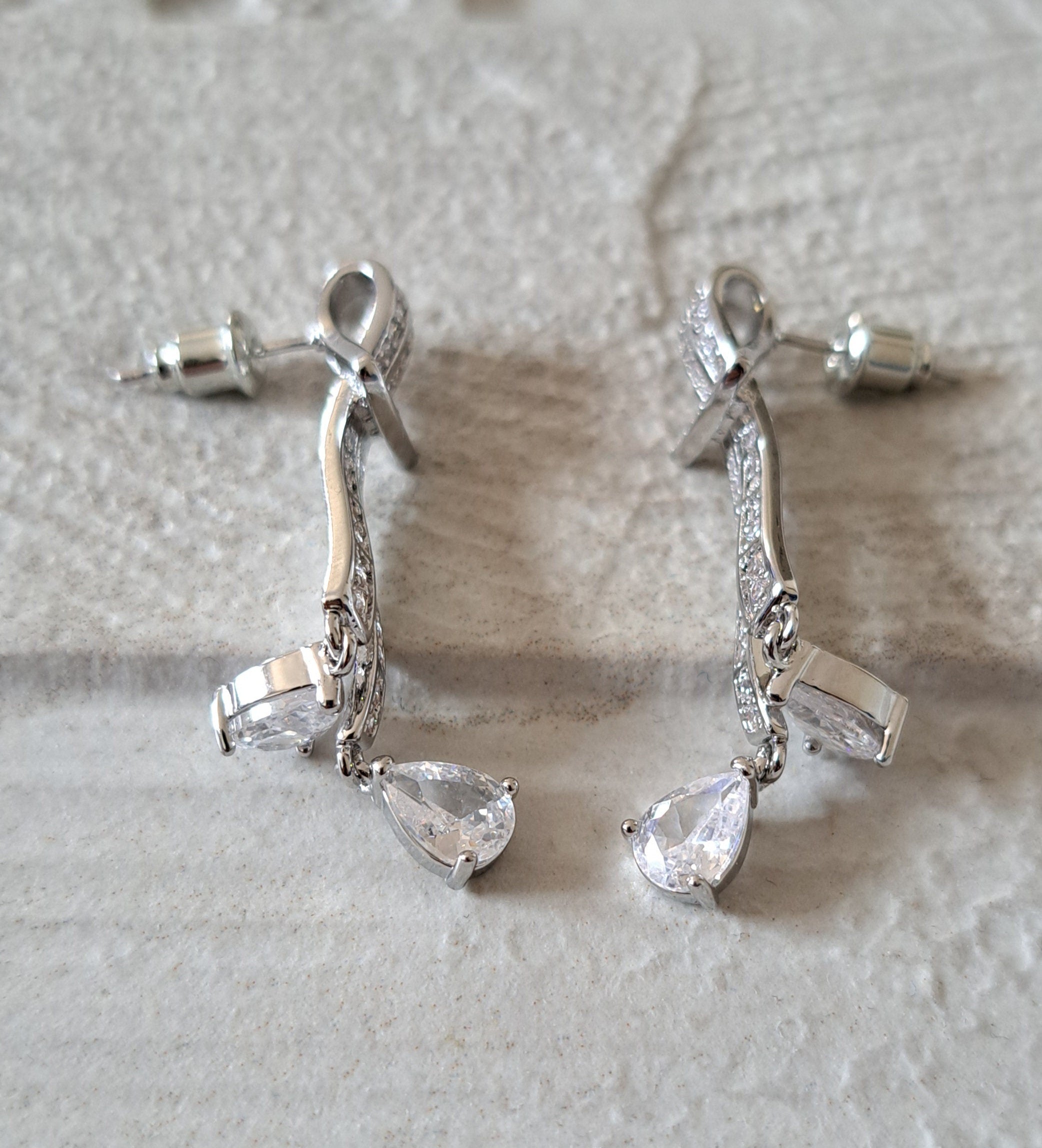 Silver Swarovski Crystal Bow Long Drop Chandelier Earrings