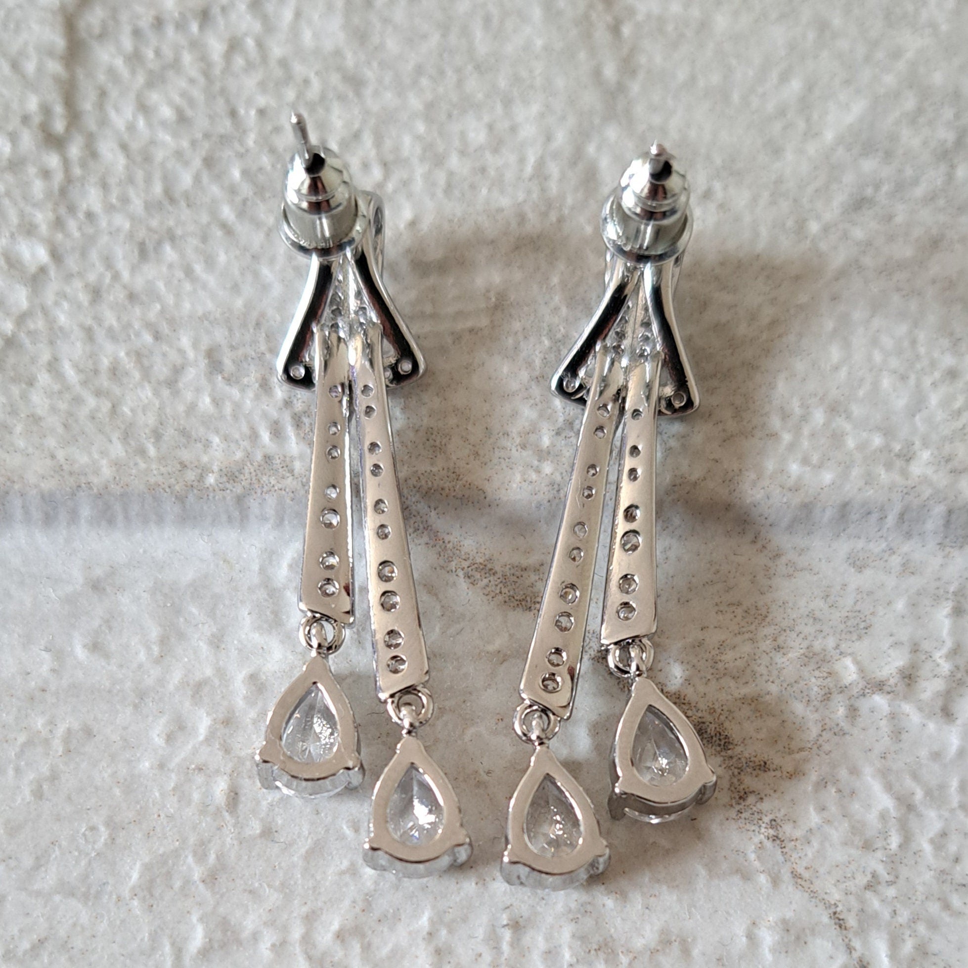 Silver Swarovski Crystal Bow Long Drop Chandelier Earrings