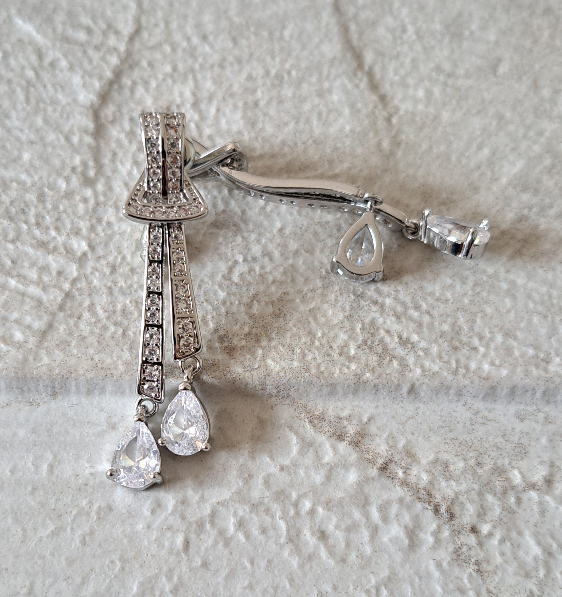 Silver Swarovski Crystal Bow Long Drop Chandelier Earrings