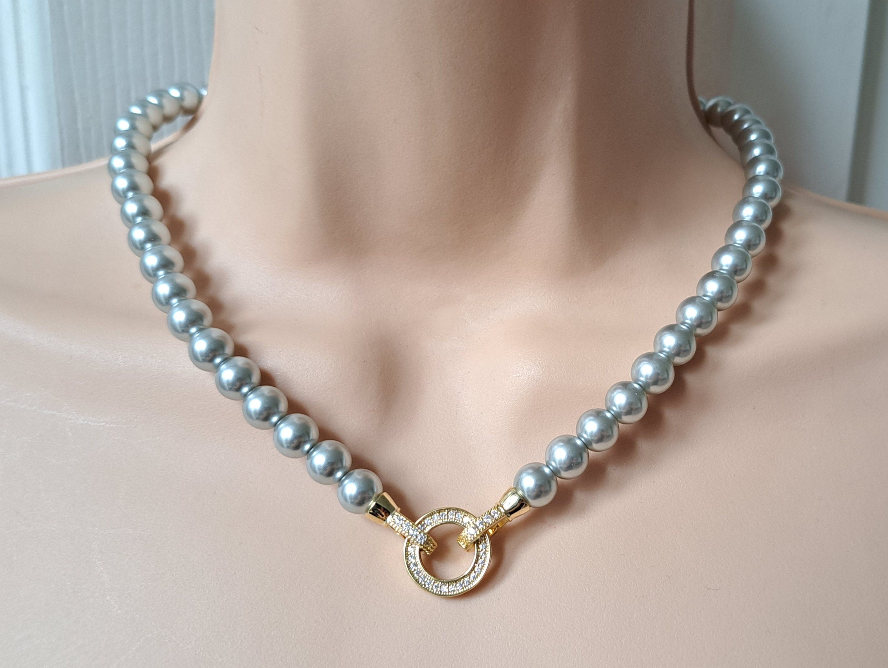 Gold Grey Pearl Swarovski Crystal Handmade Cluster Choker